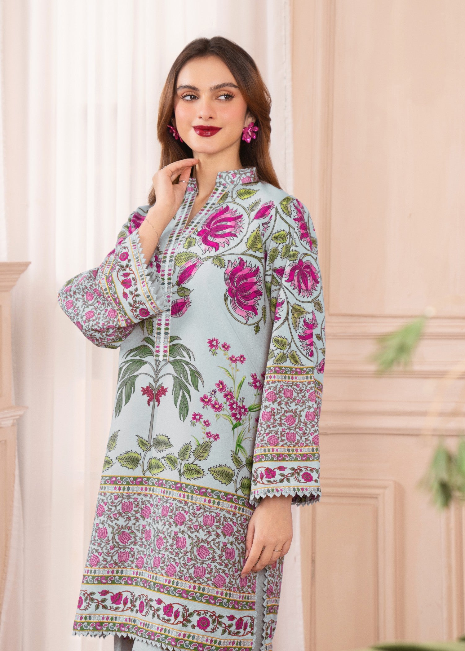 silk finish lawn Kurta Set in Moss green