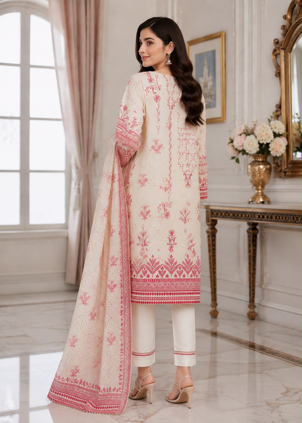 lawn Kurta Set in Ivory, raspberry pink