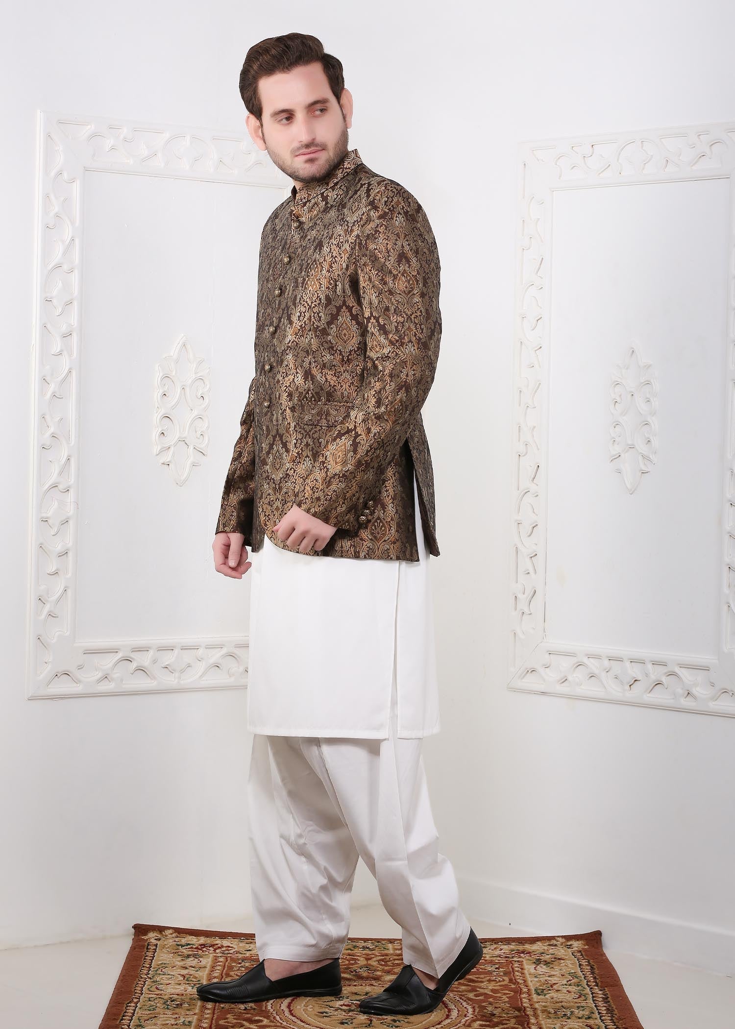 banarsi silk Prince Coat in Brown