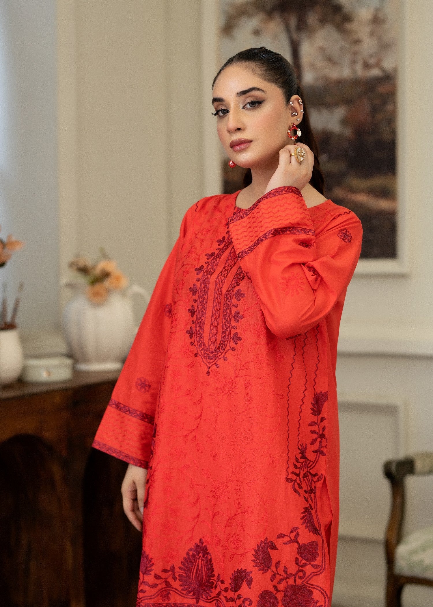 lawn cotton Kurta Set in Coral red