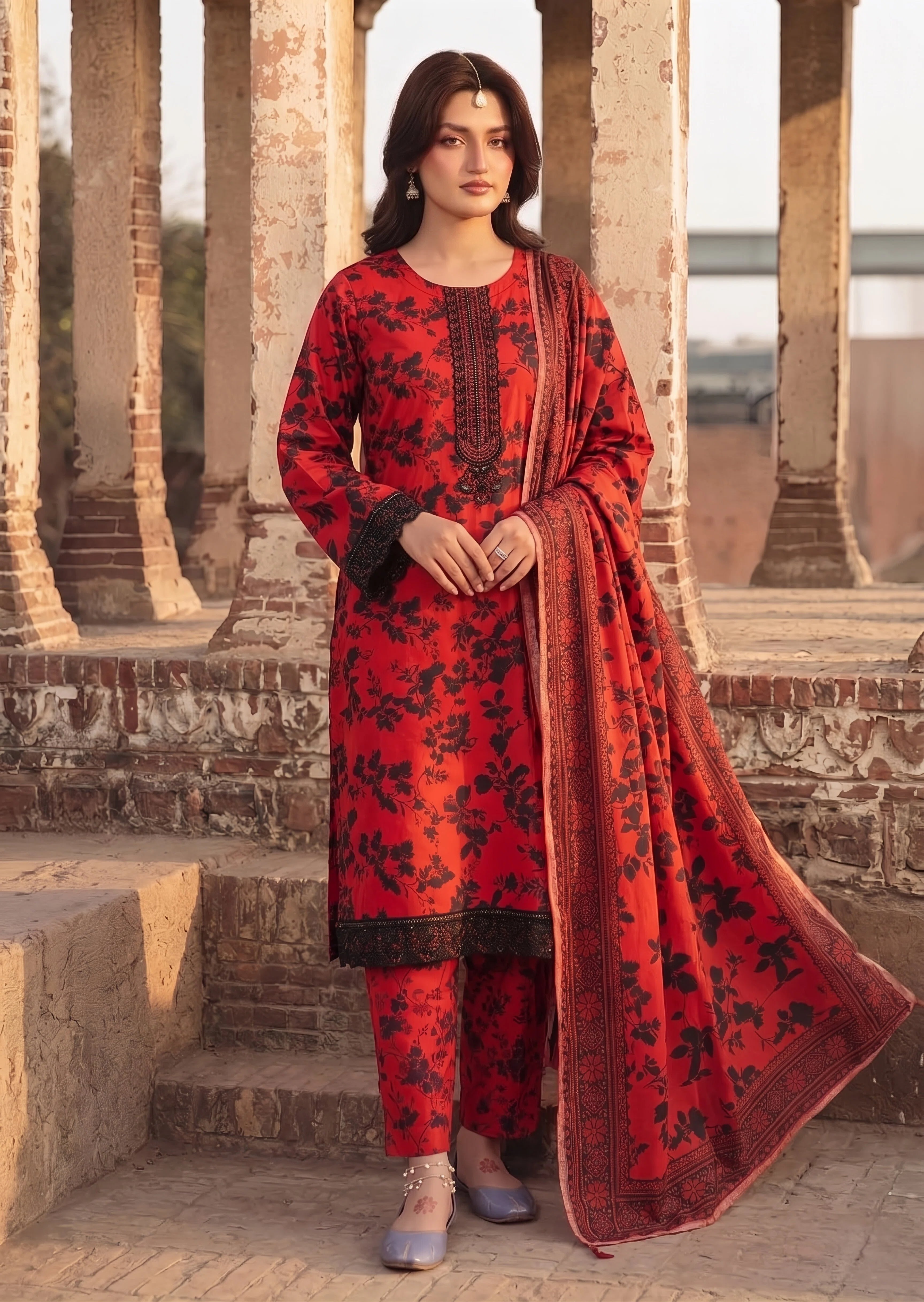 silk parachute Kurta Set in Red