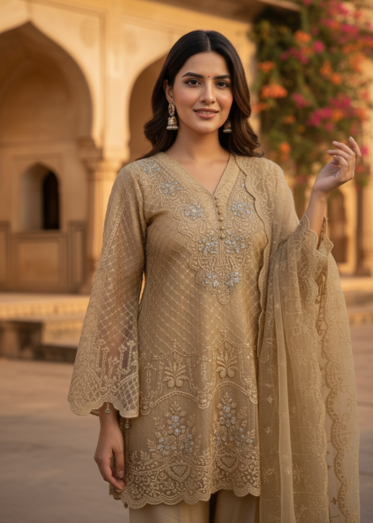 organza net Short Frock in Camel brown