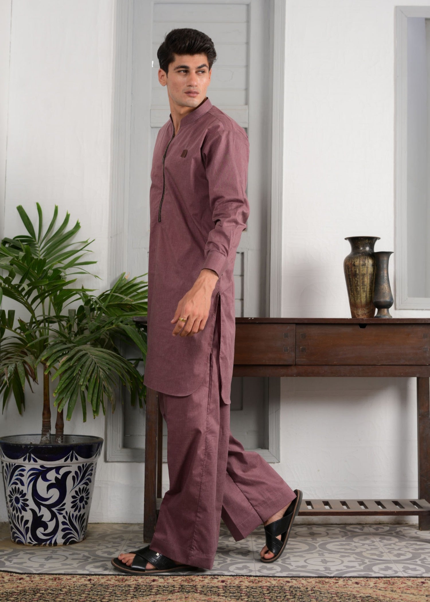 irish linen Kurta Set in Maroon