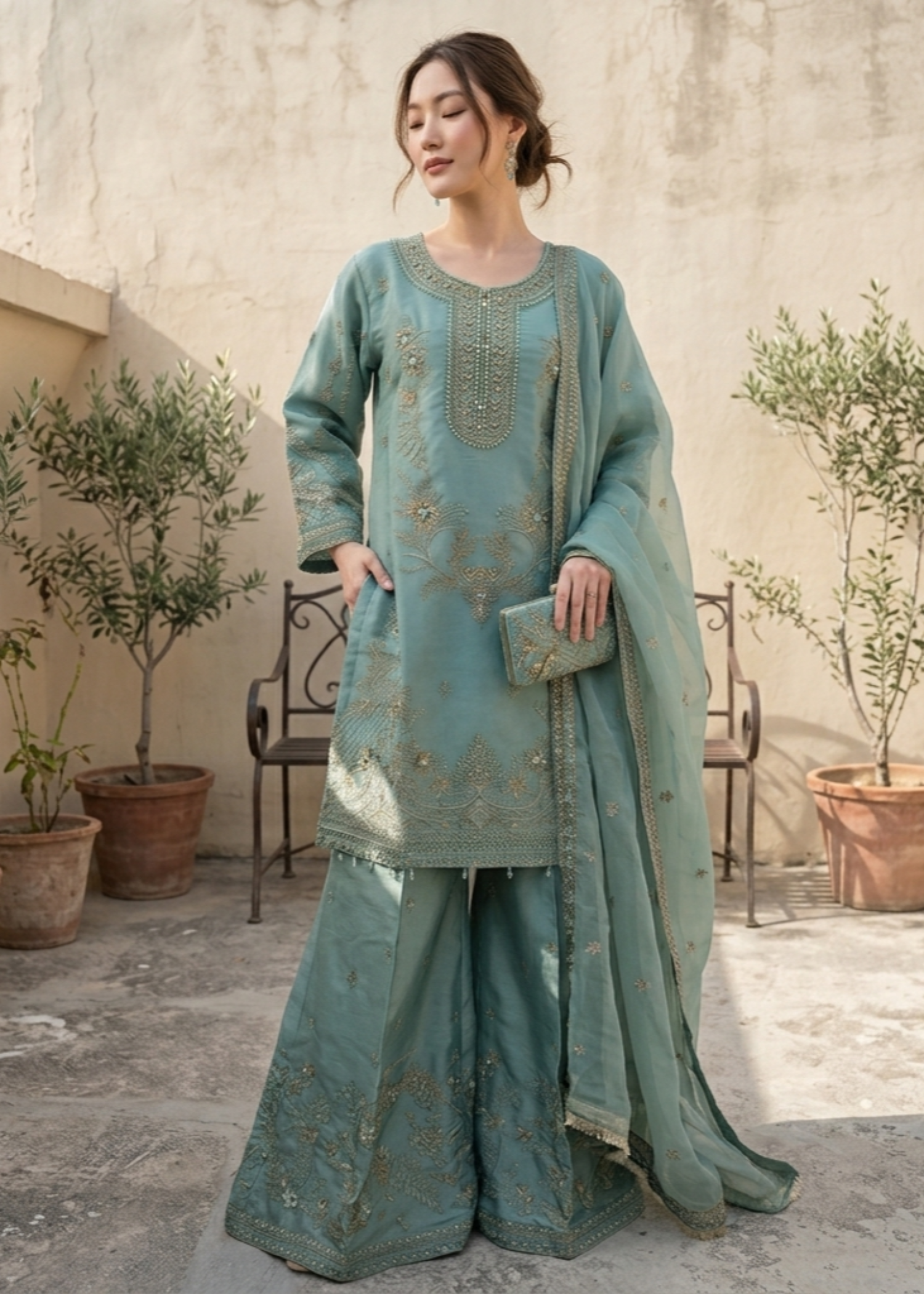 organza Sharara in Sage green