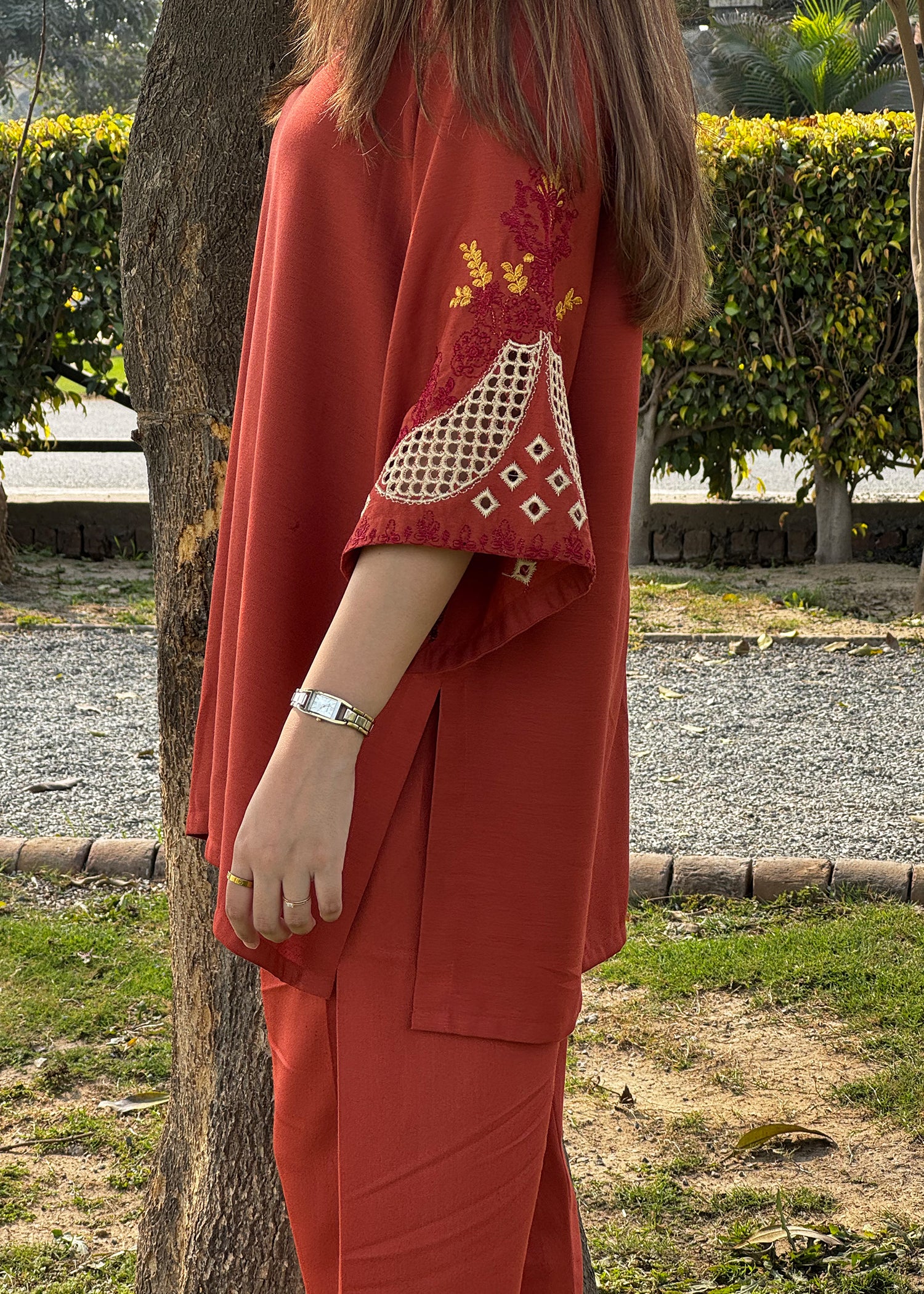 cotton karandi Kurta Set in Rust orange