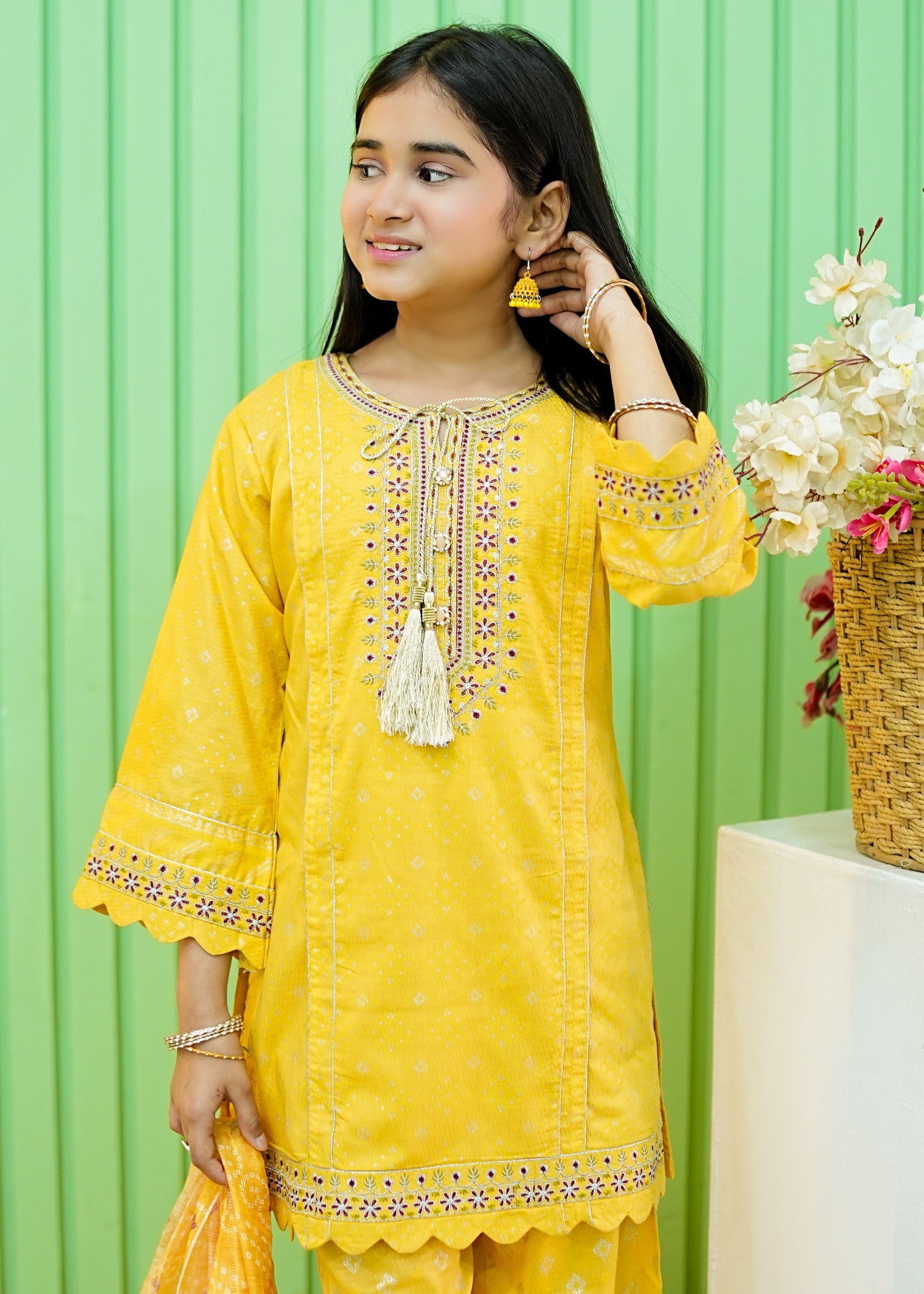 cotton jacquard Kurta Set in Yellow