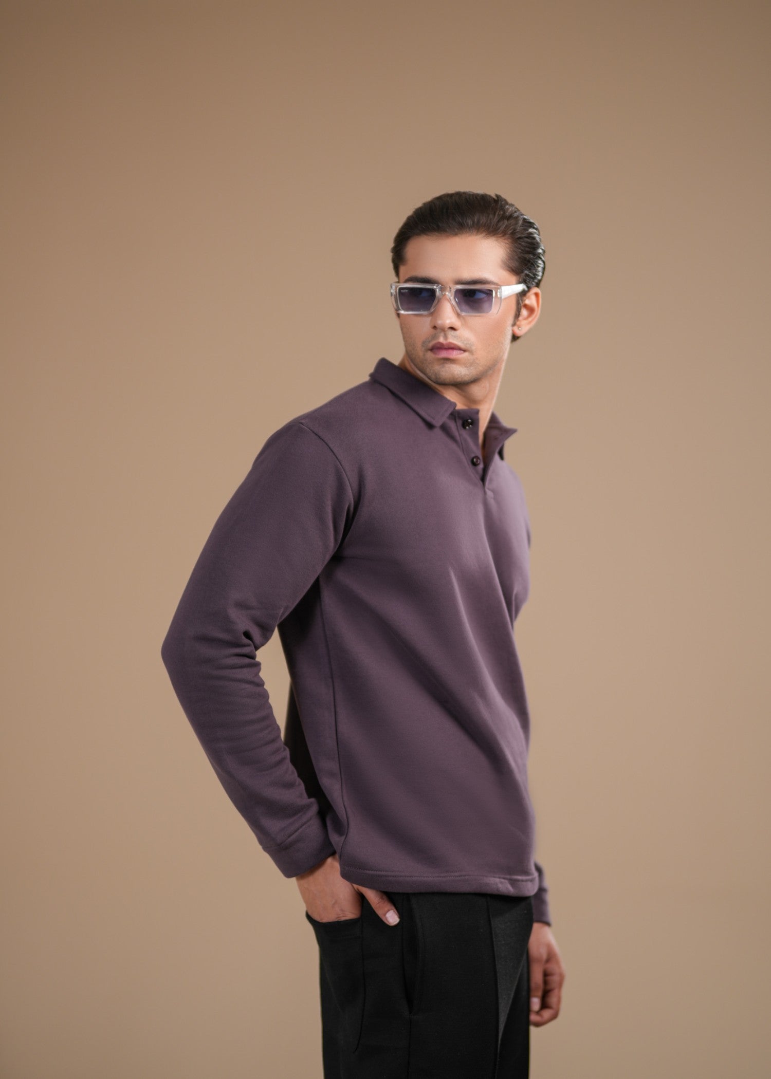 fleece Polo Shirt in Purple by Muraqsh West