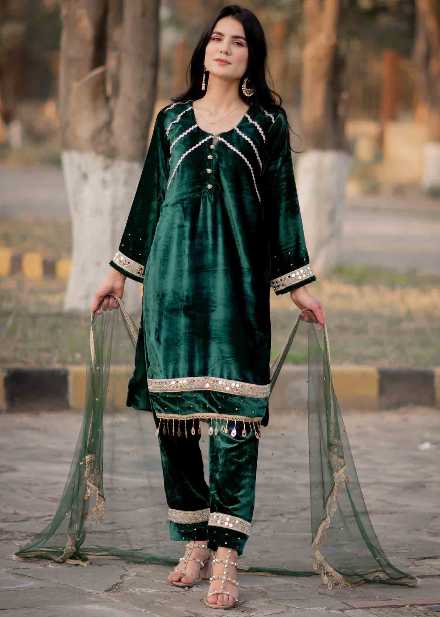 velvet Kurta Set in Emerald green