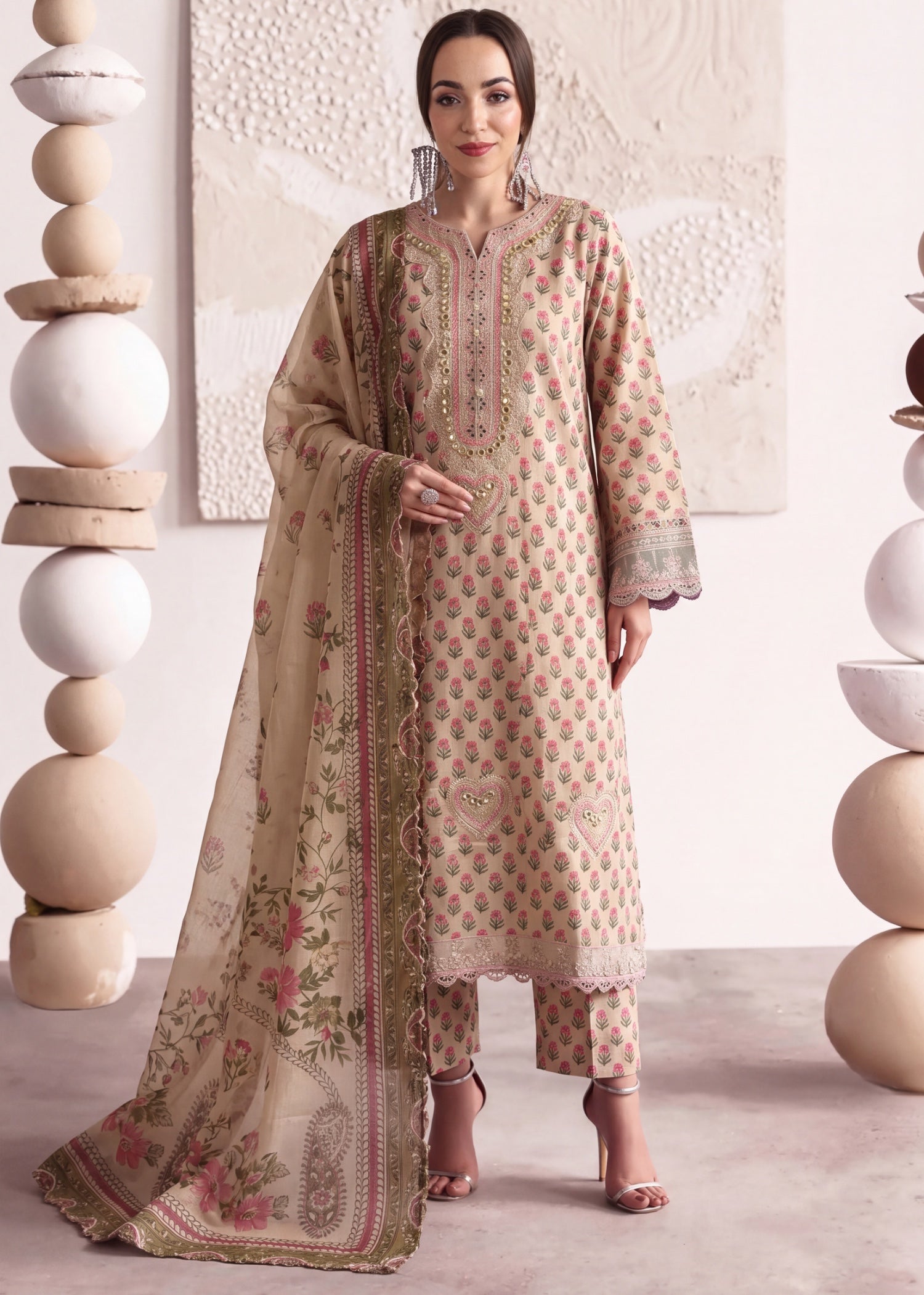 poly lawn Kurta Set in Beige, ivory