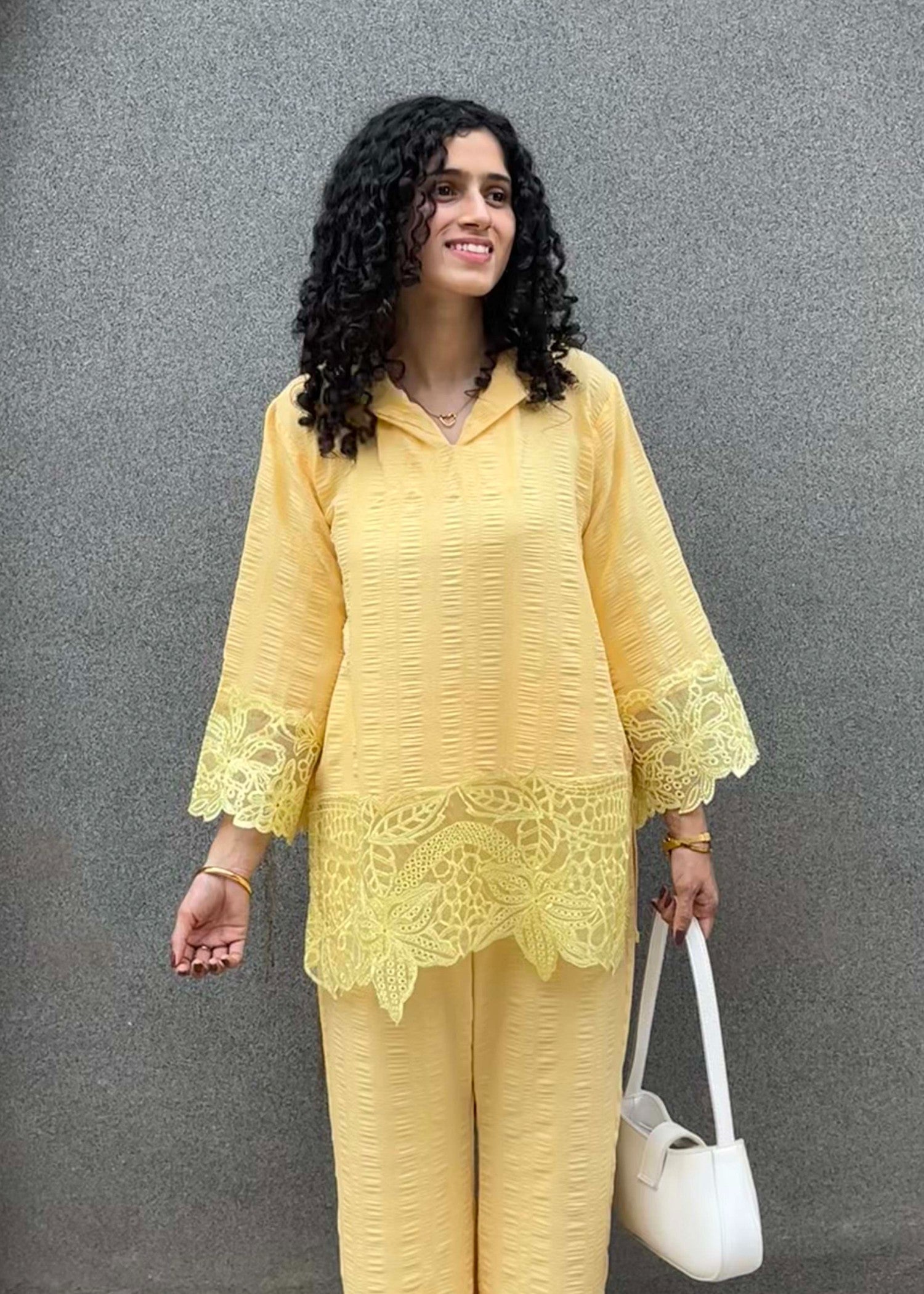 crinkle Kurta Set in Lemon