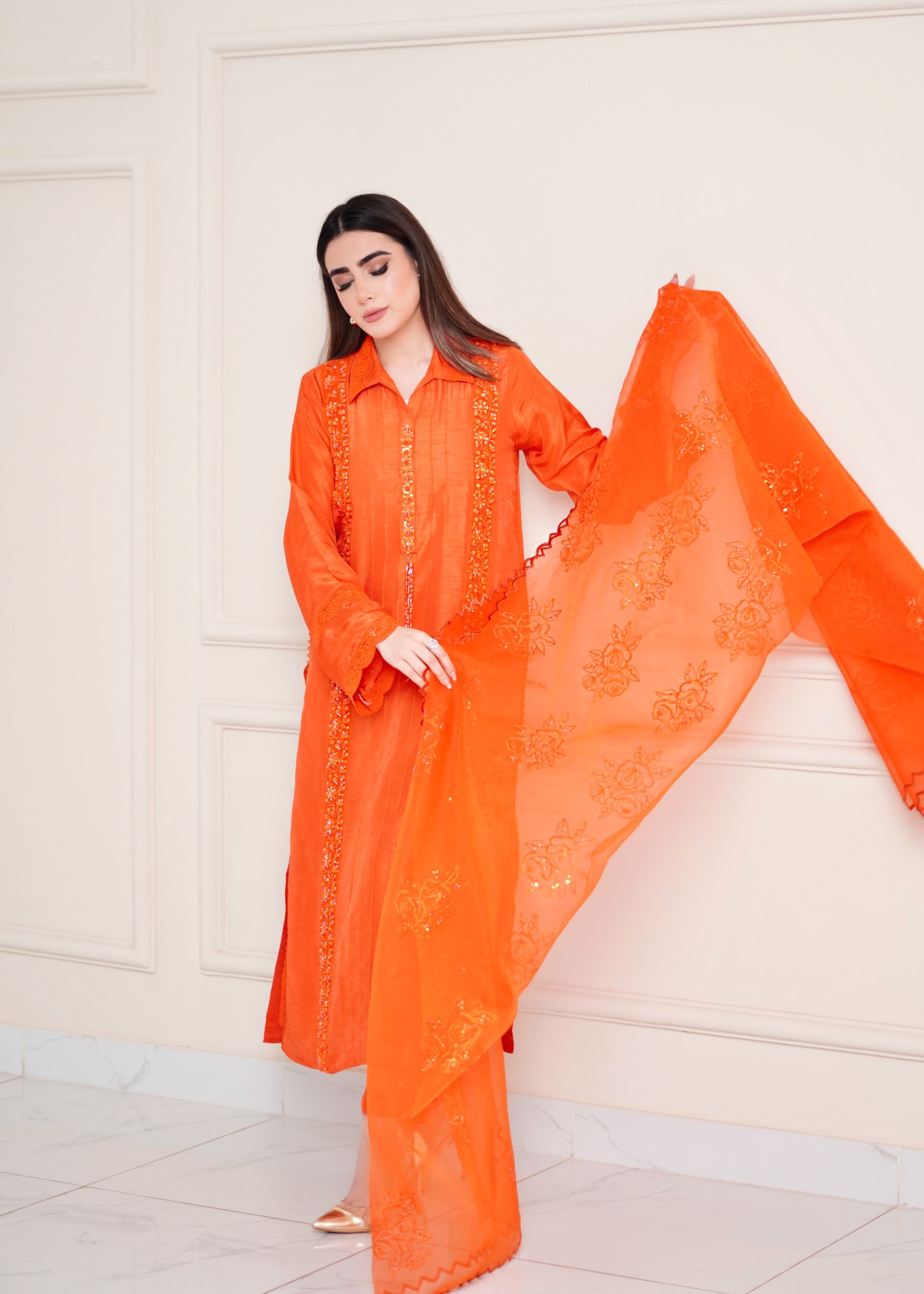 raw silk Kurta Set in Pumpkin orange
