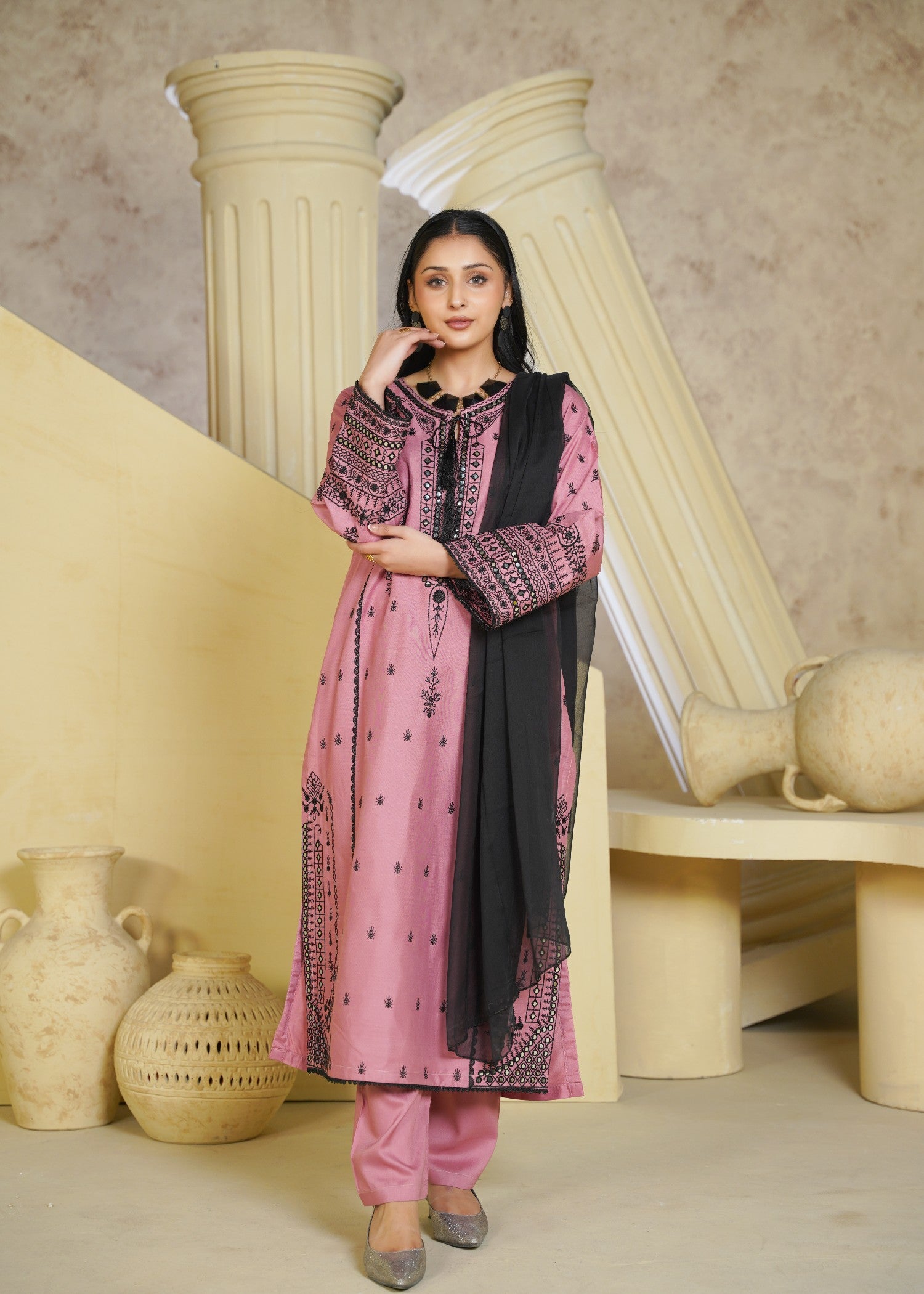 linen chambray Kurta Set in Peach pink