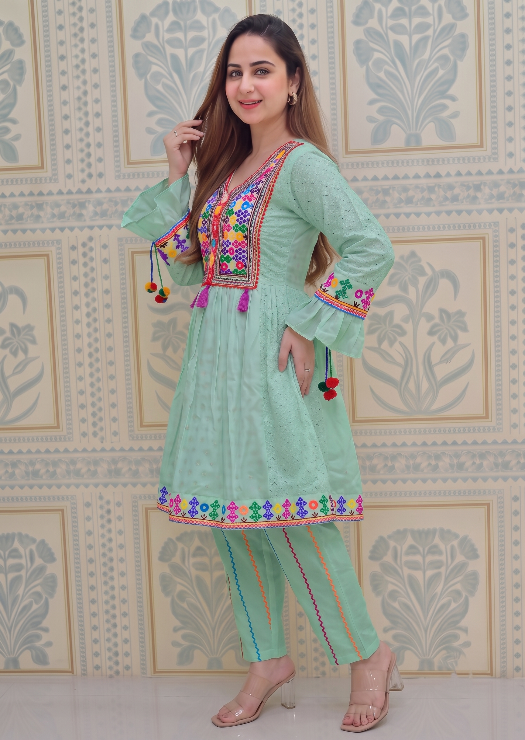 lawn cotton Short Frock in Mint green