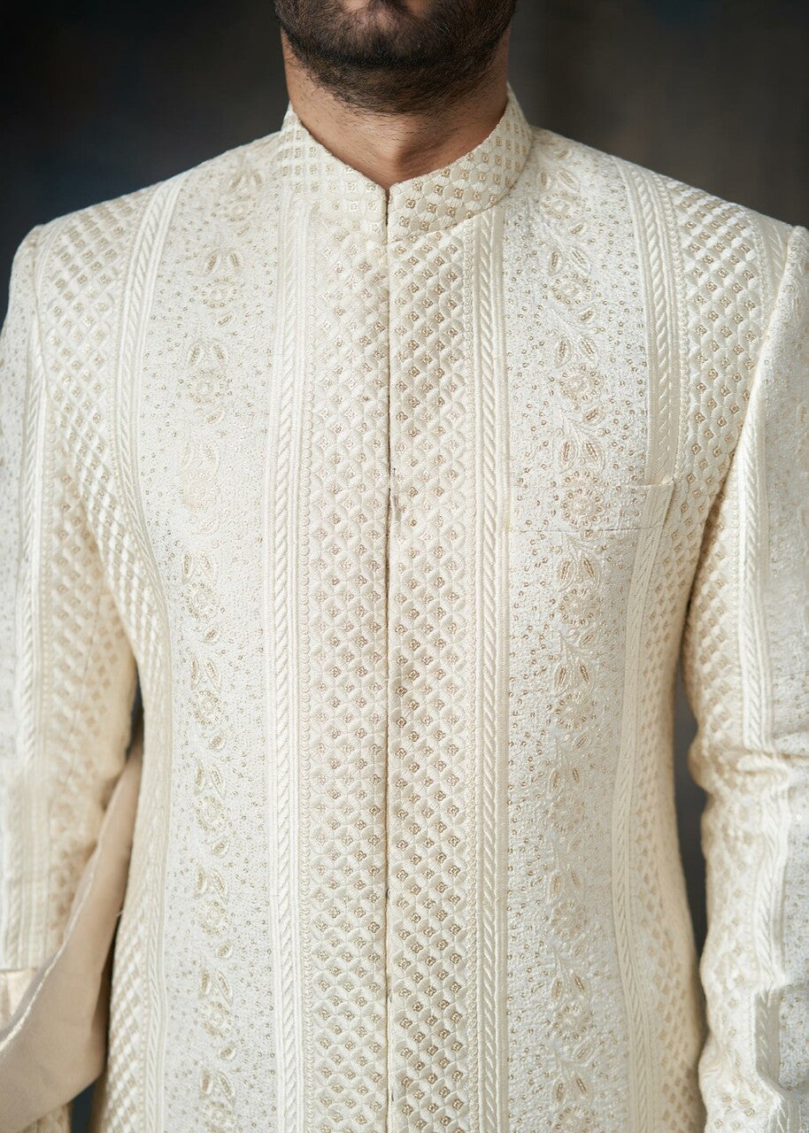 viscose raw silk Sherwani in Ivory