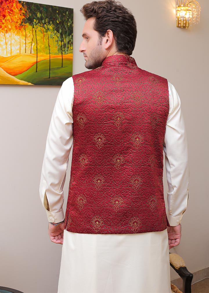 banarsi silk Waistcoat in Maroon