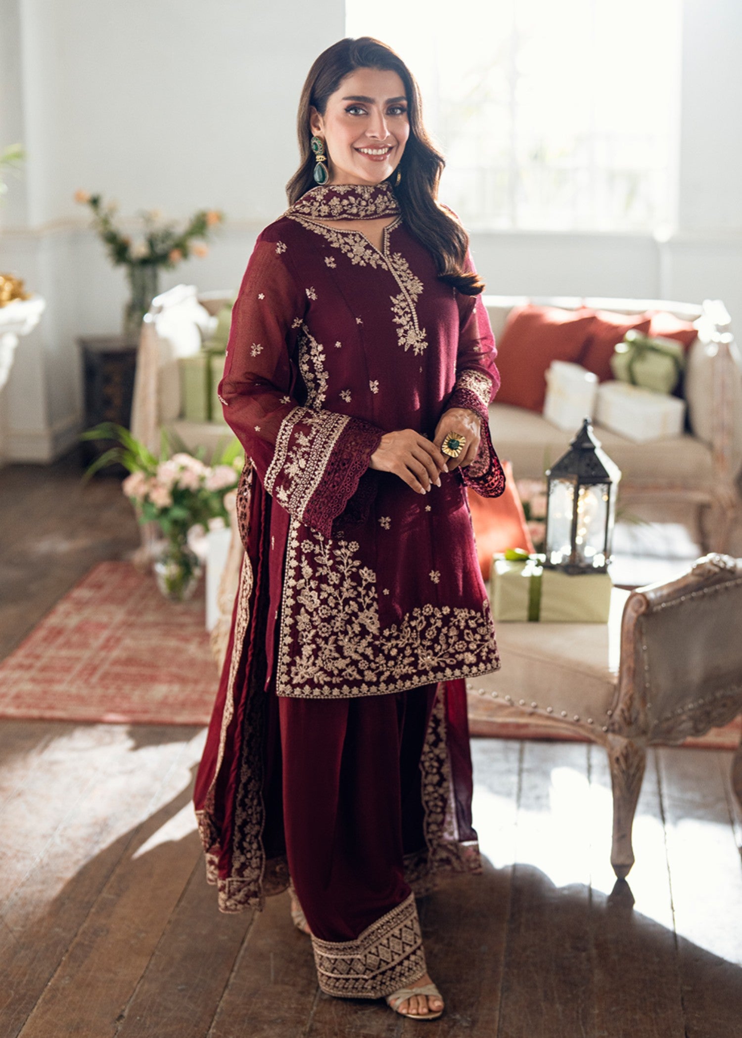 khaddi net shabnam zari Unstitched in Burgundy