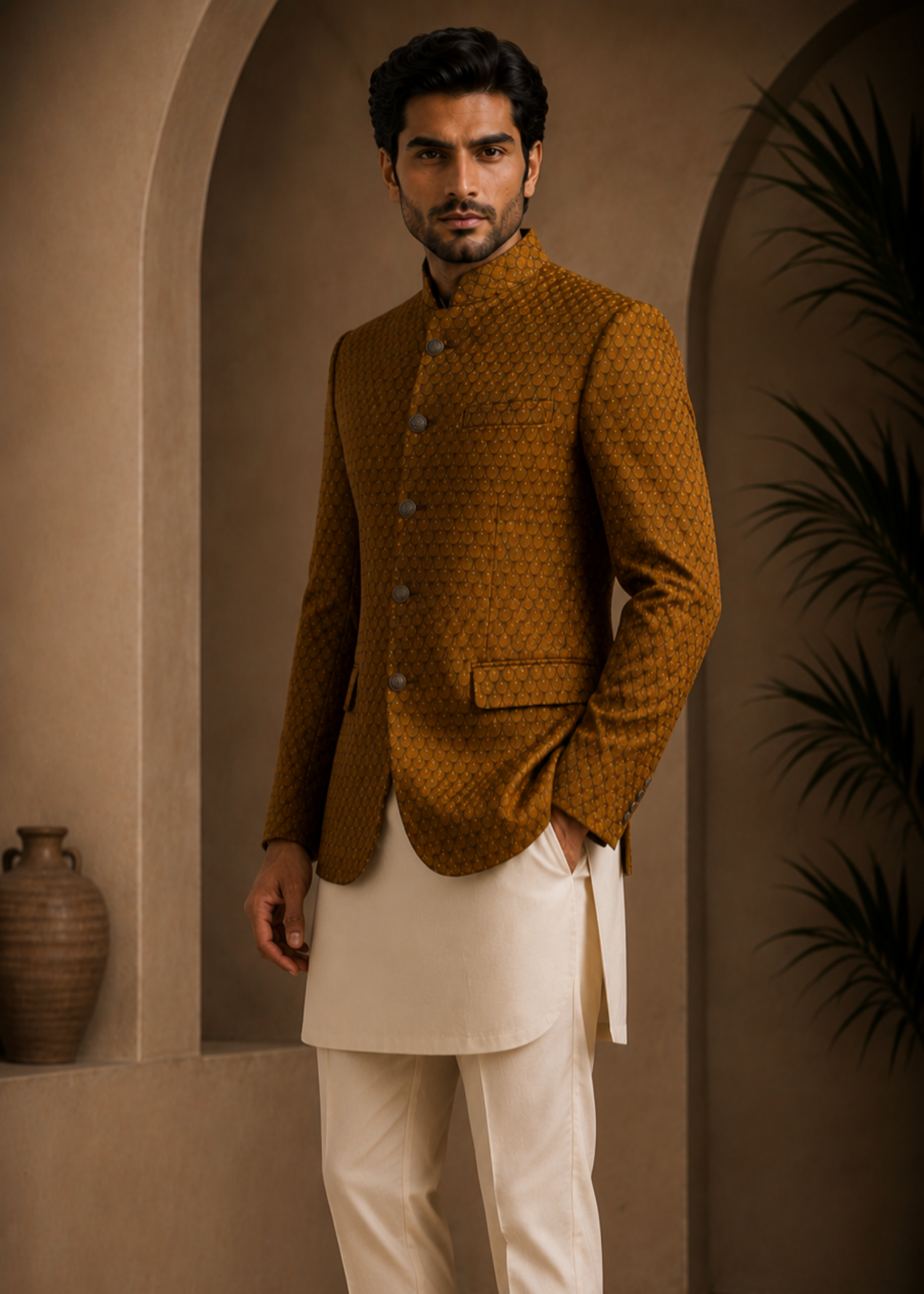 jamawar Prince Coat in Russet brown