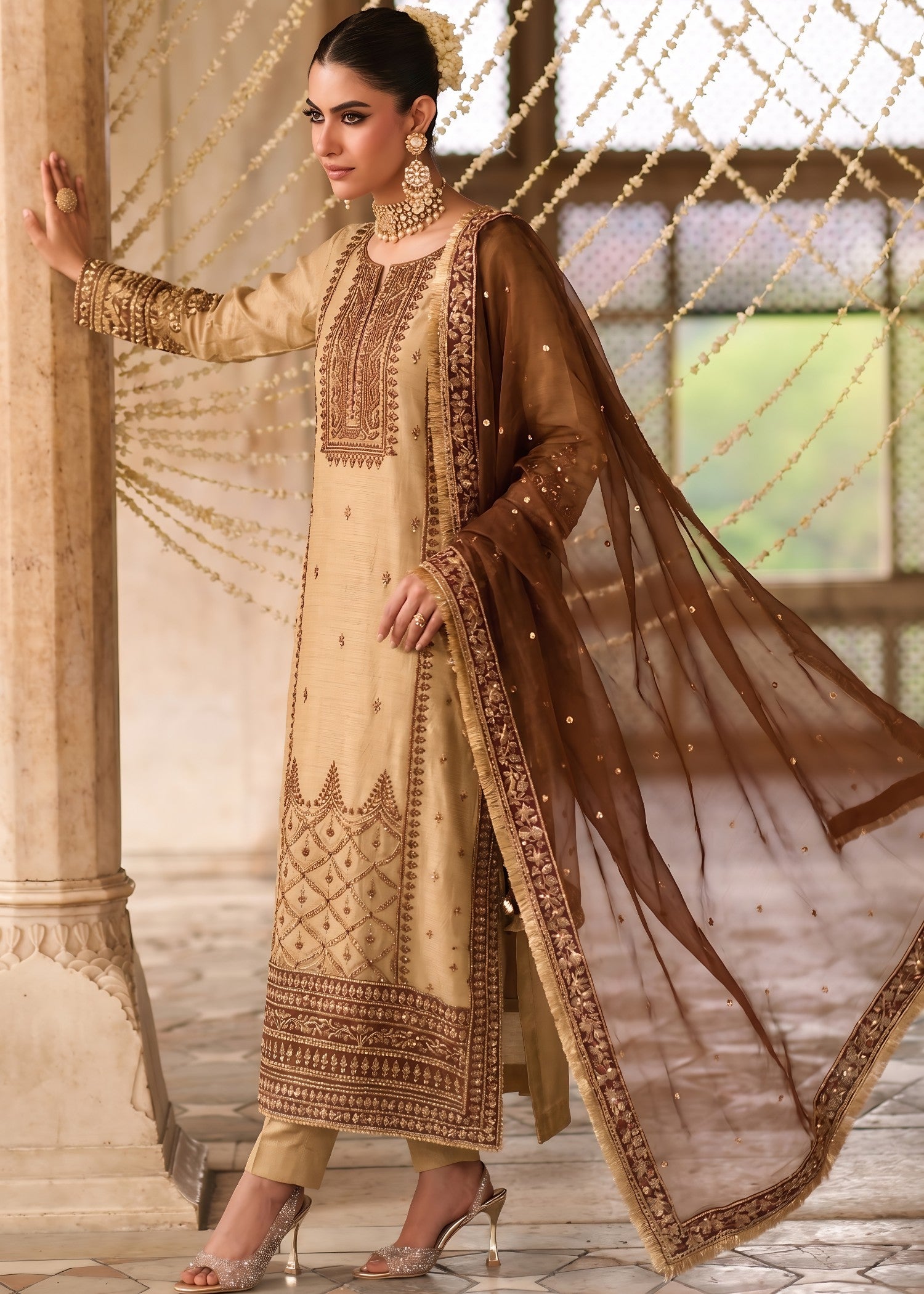 bemberg tissue Kurta Set in Gold