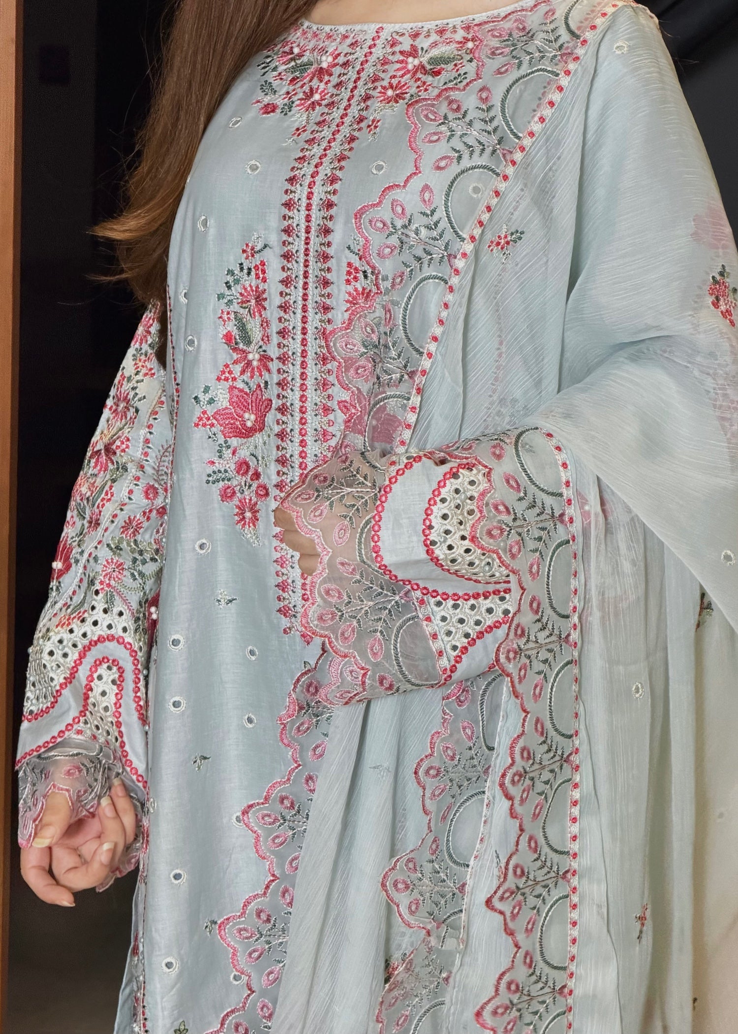 lawn Kurta Set in Ash grey, pink