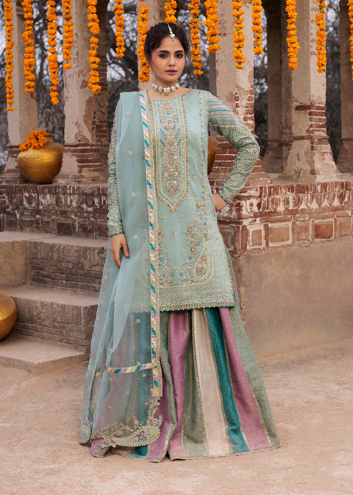 silk Gharara in Light cyan