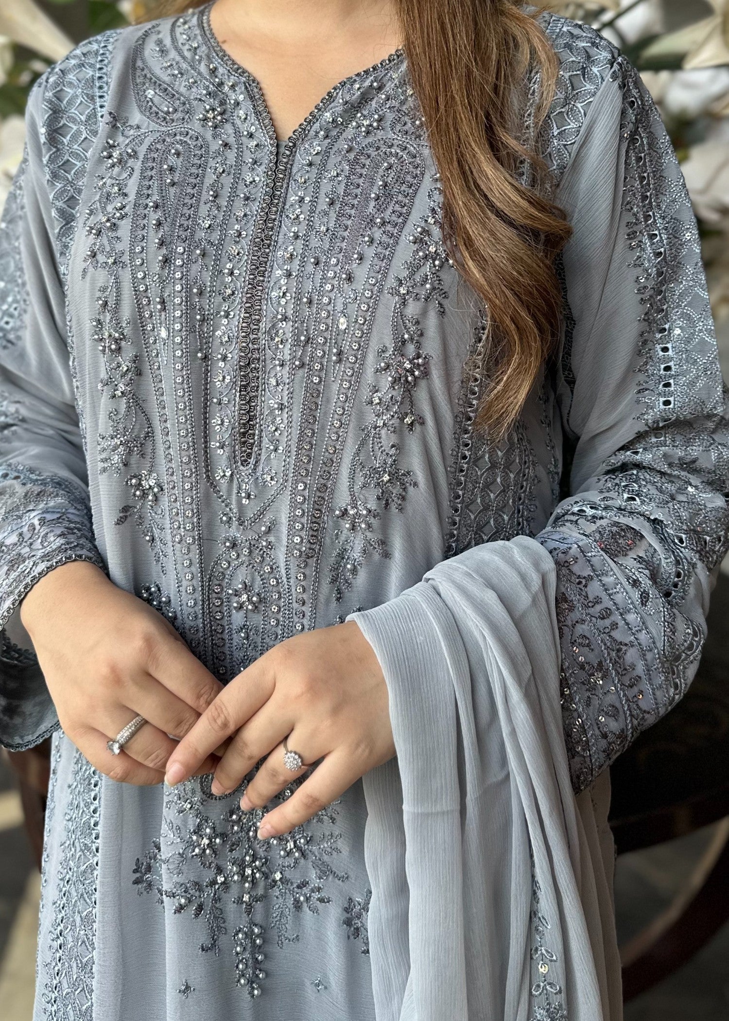 chiffon Kurta Set in Duck egg grey