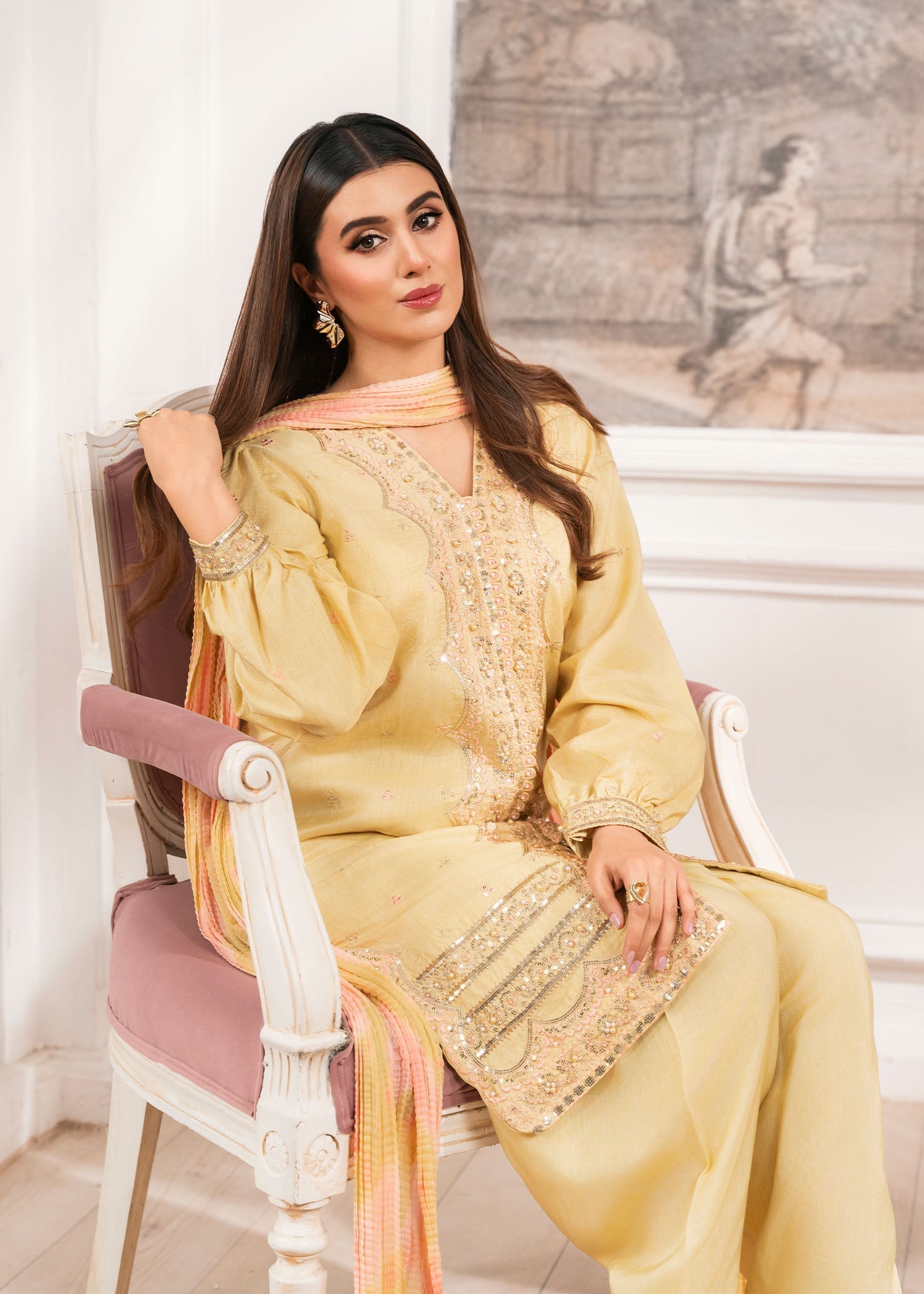 raw silk Kurta Set in Light yellow
