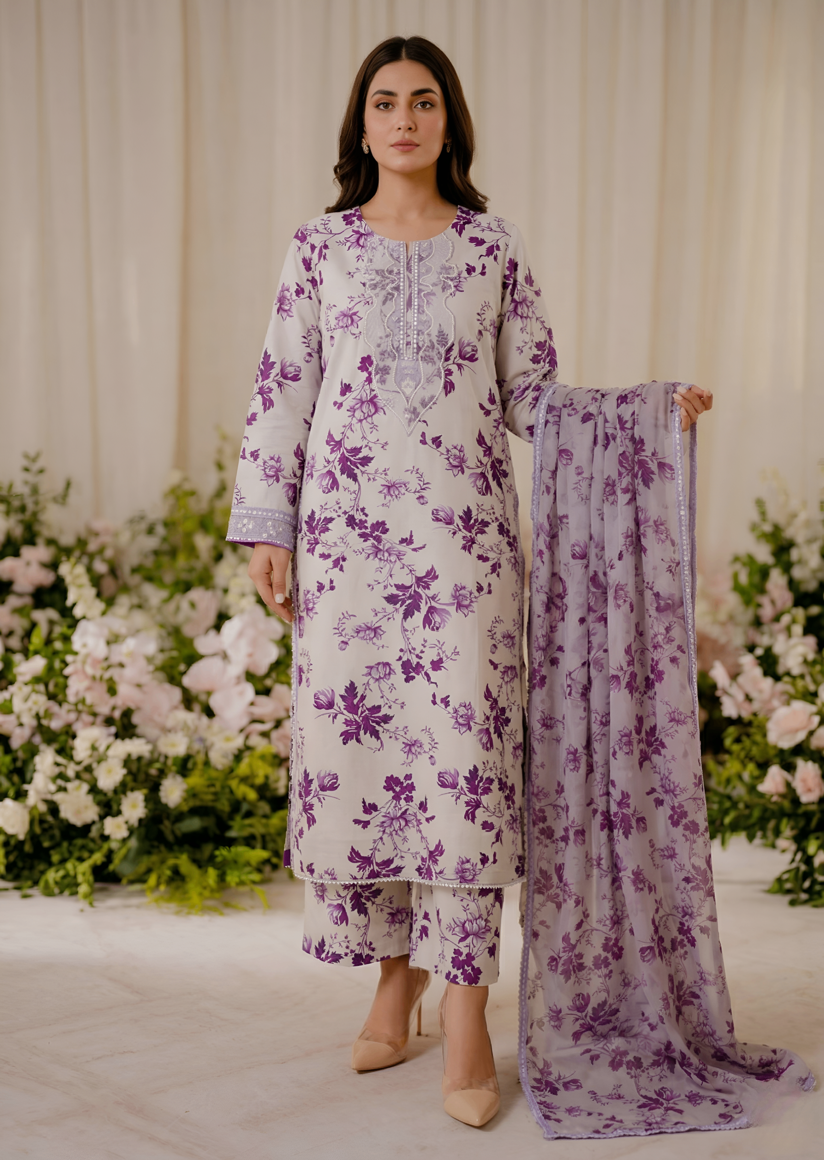 linen Kurta Set in Purple ash