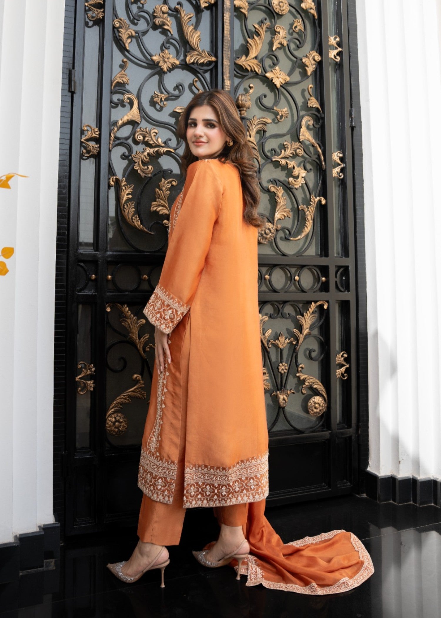 tissue silk Kurta Set in Rust orange