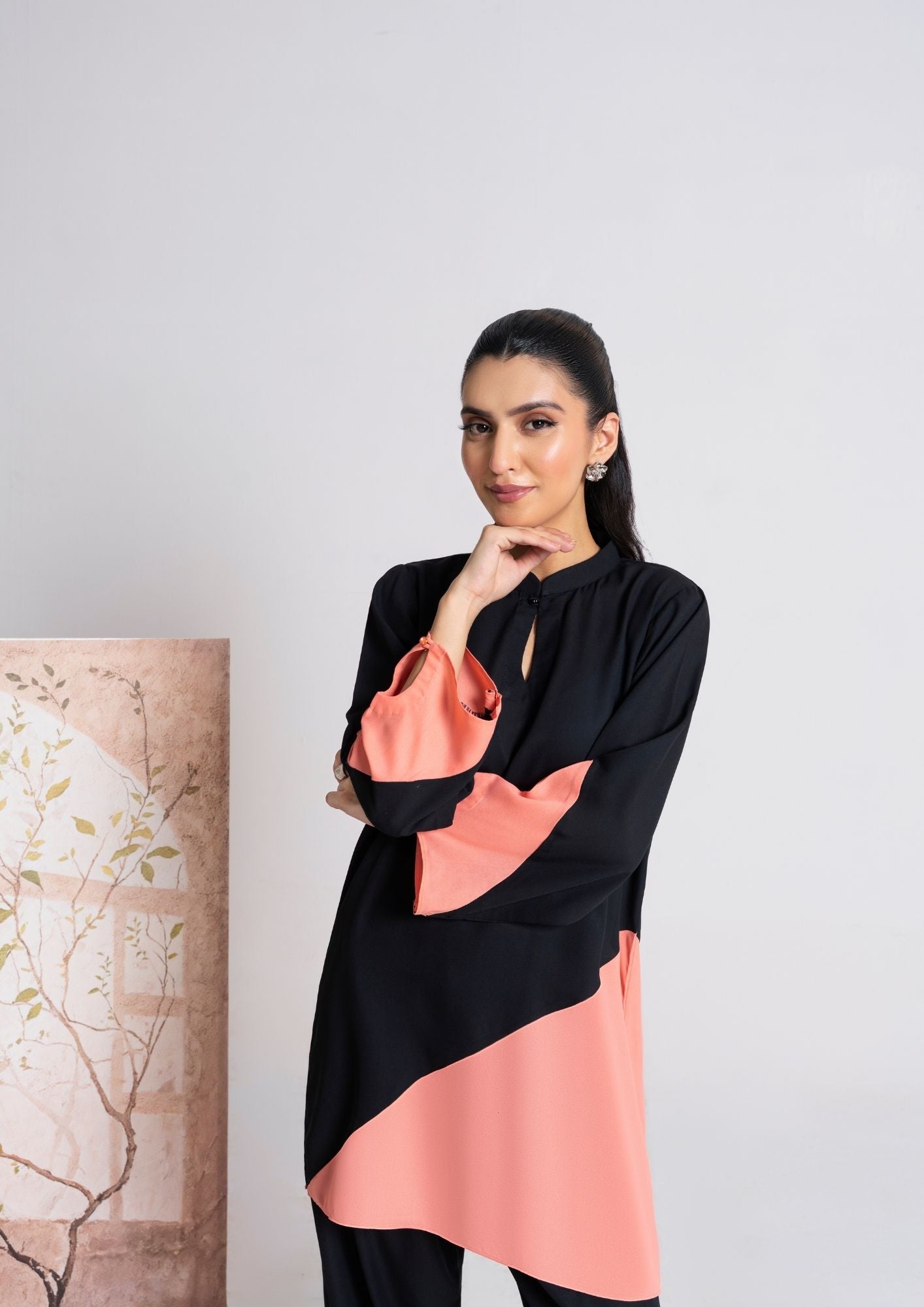 georgette Tunic in Black, peach orange