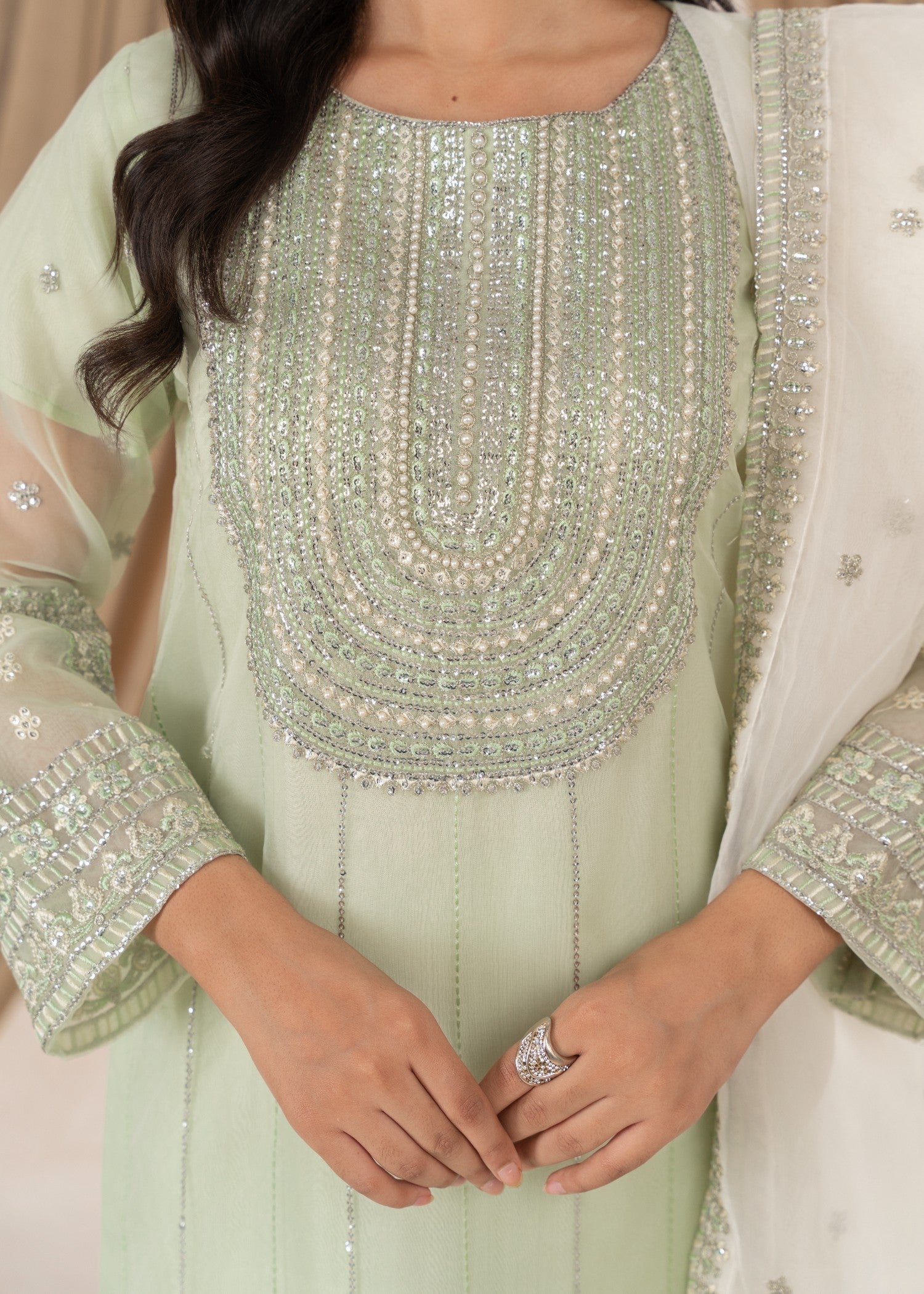 poly organza Kurta Set in Tea green