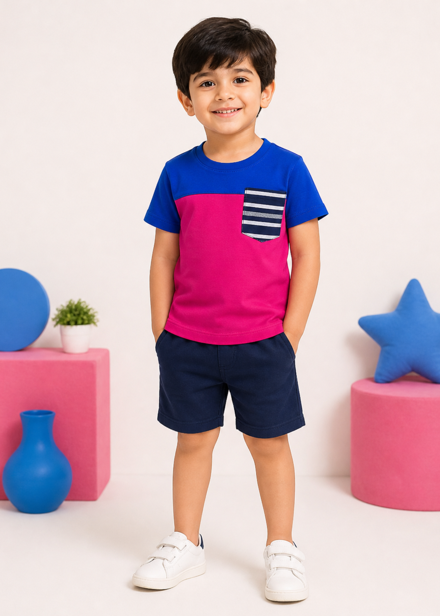 single jersey knit T Shirt in Royal blue, lollipop pink