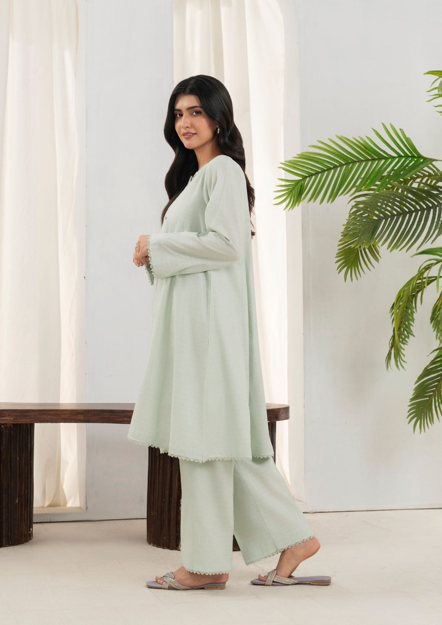 lawn cotton Short Frock in Tea green