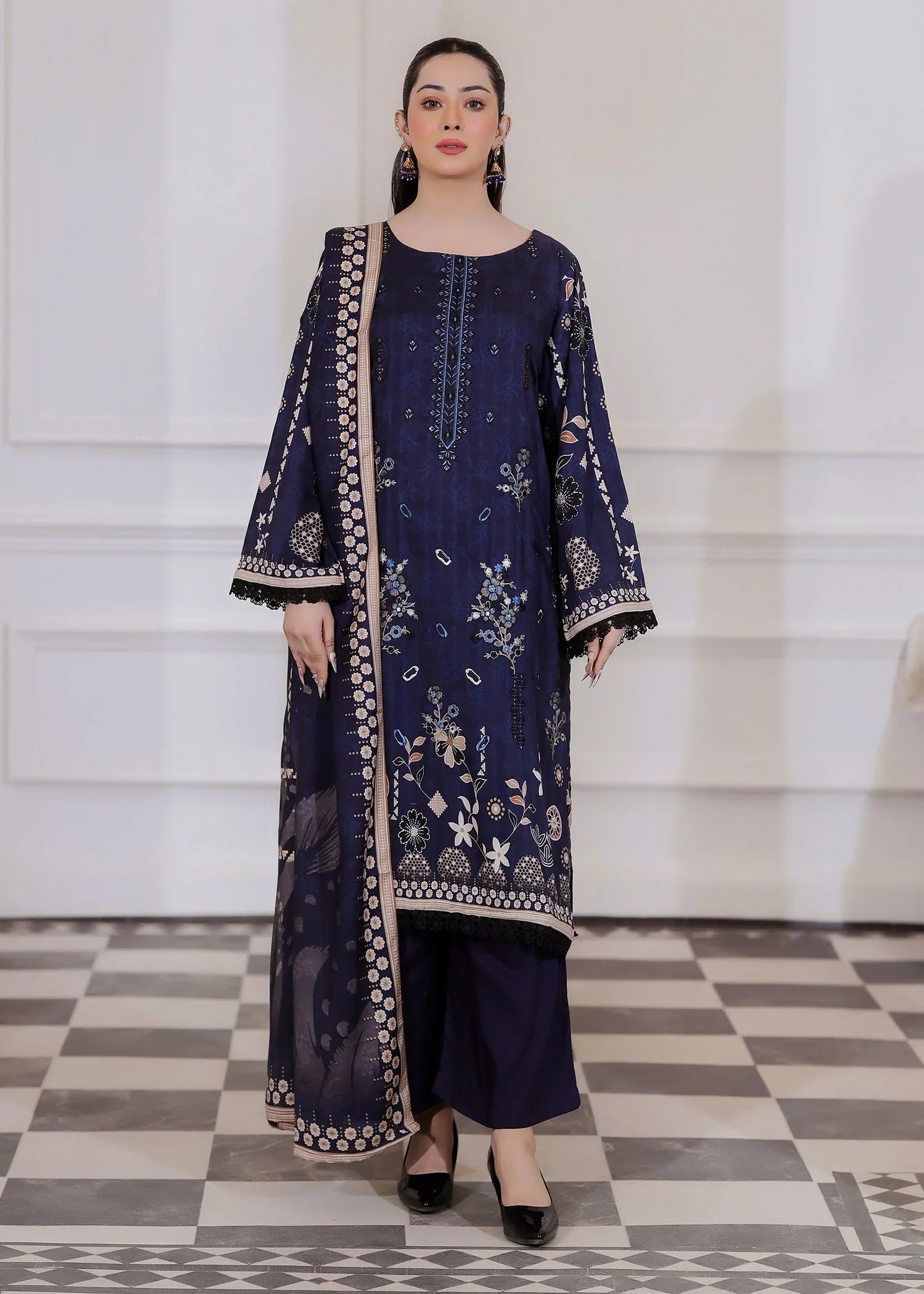 wool Kurta Set in Dark blue