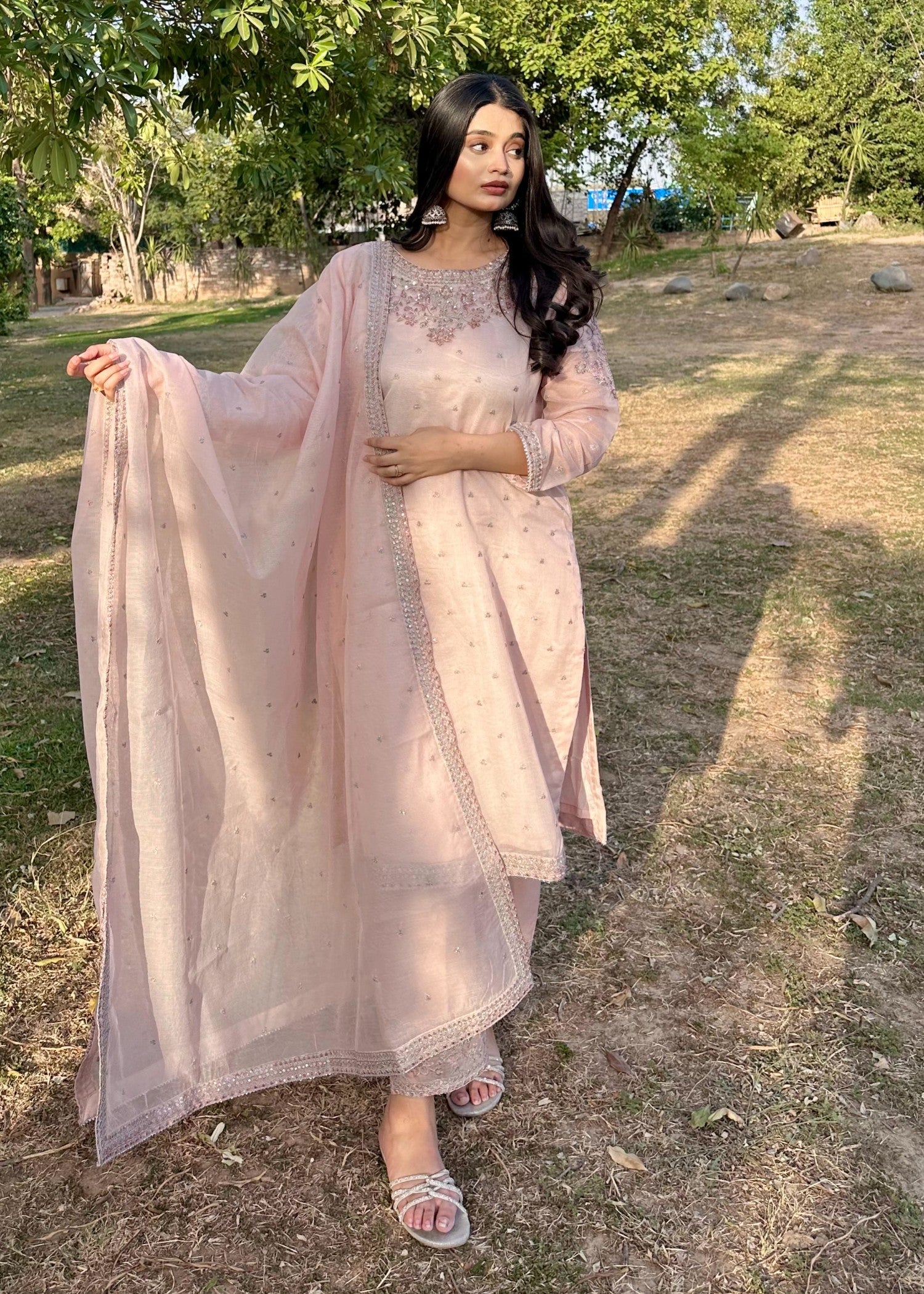 cotton net Kurta Set in Tea rose pink