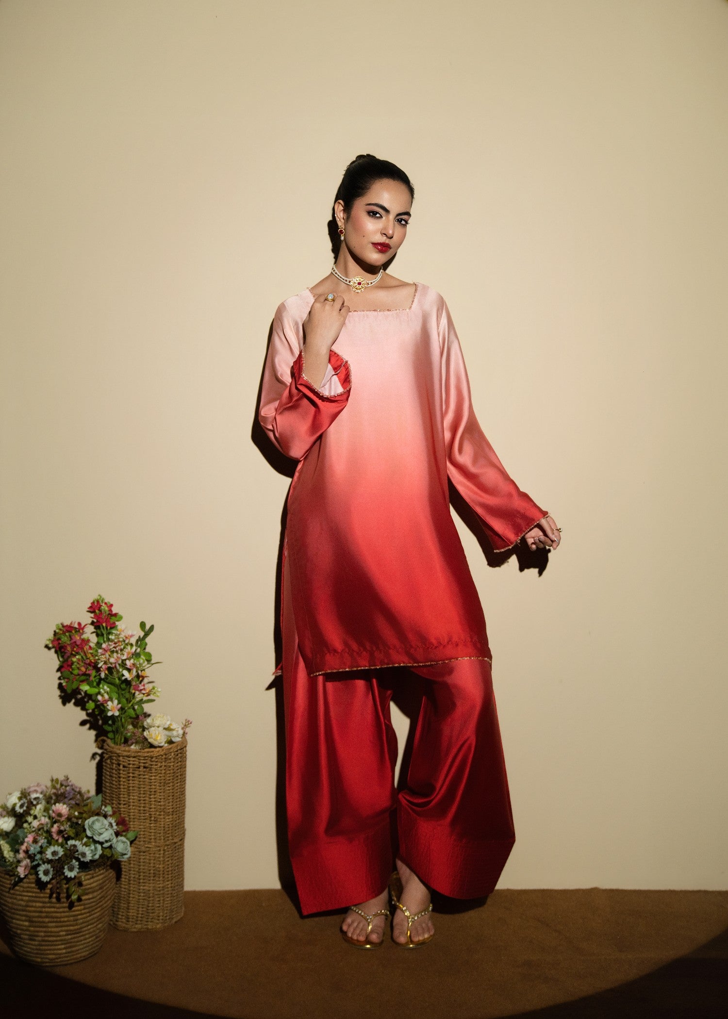 silk Kurta Set in Vivid pink