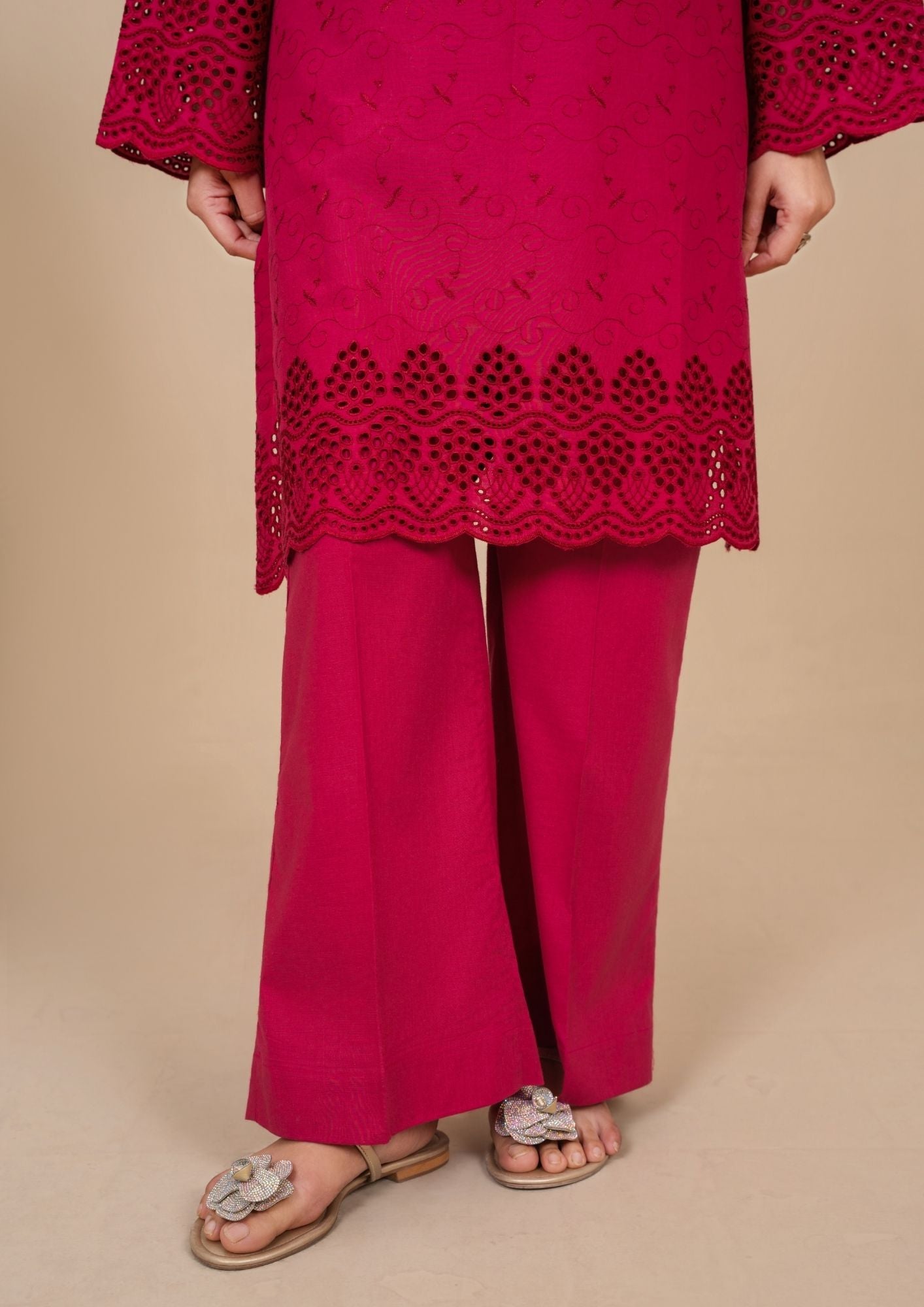 cambric Kurta Set in Rose red