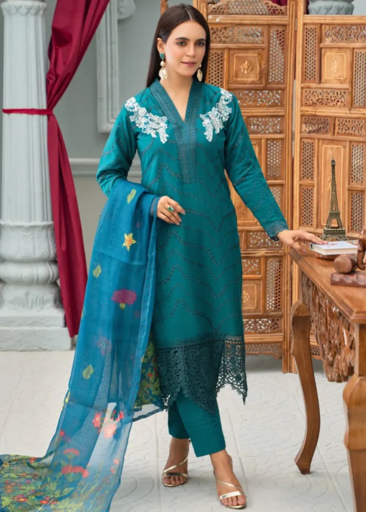cambric cotton Kurta Set in Teal