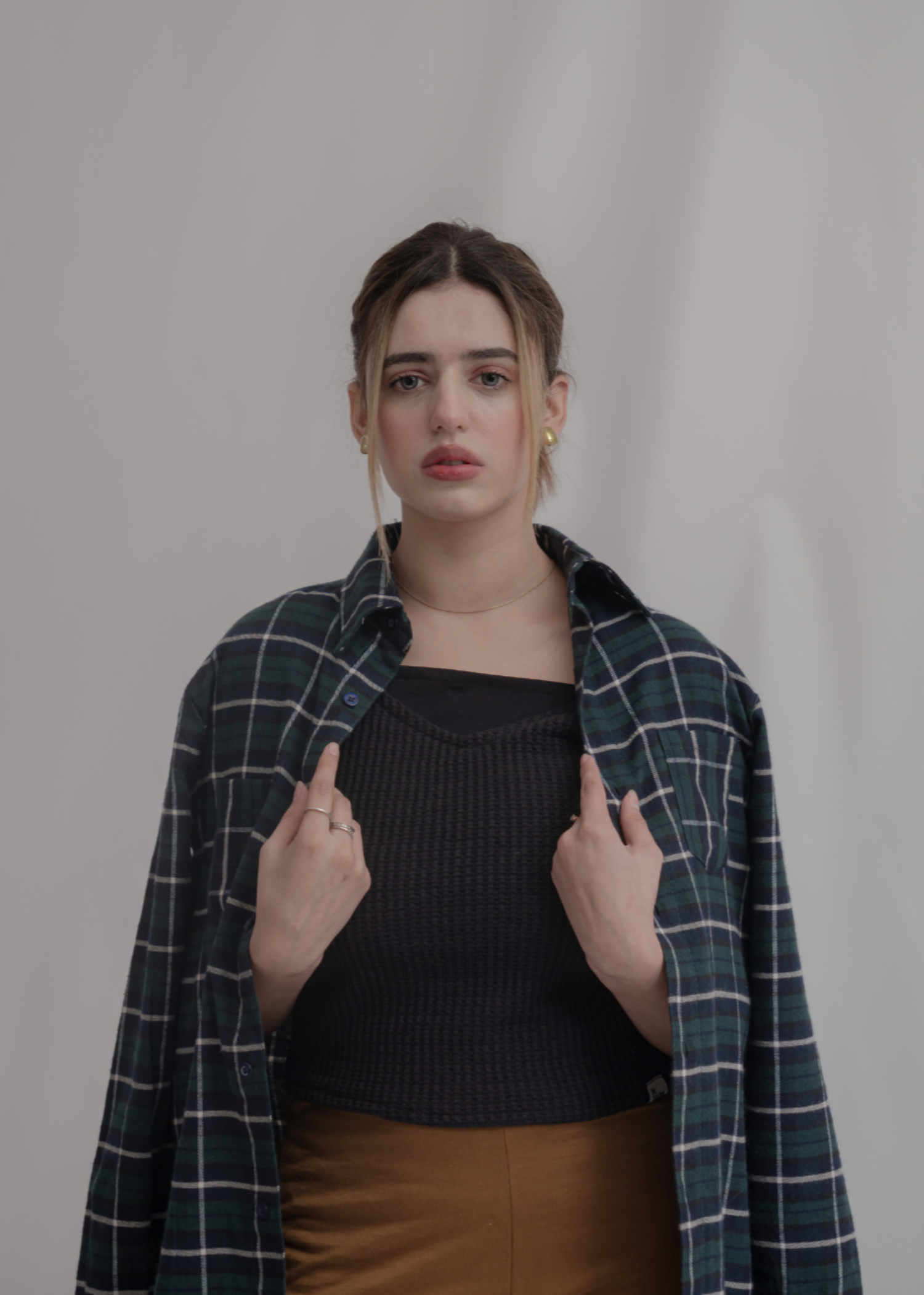 flannel Top in Dark blue, dark green, white
