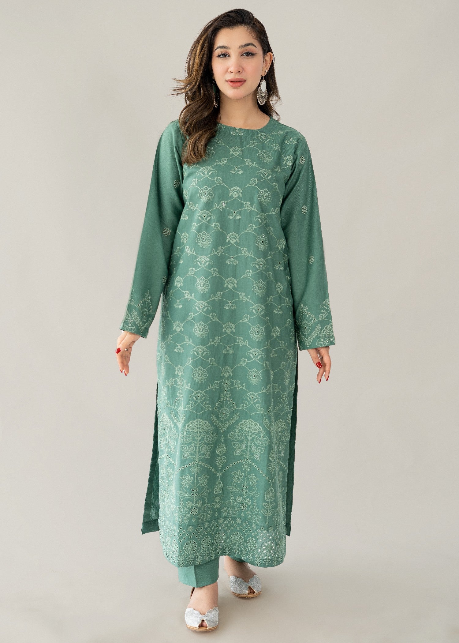 slub khaddar Kurta Set in Sea green