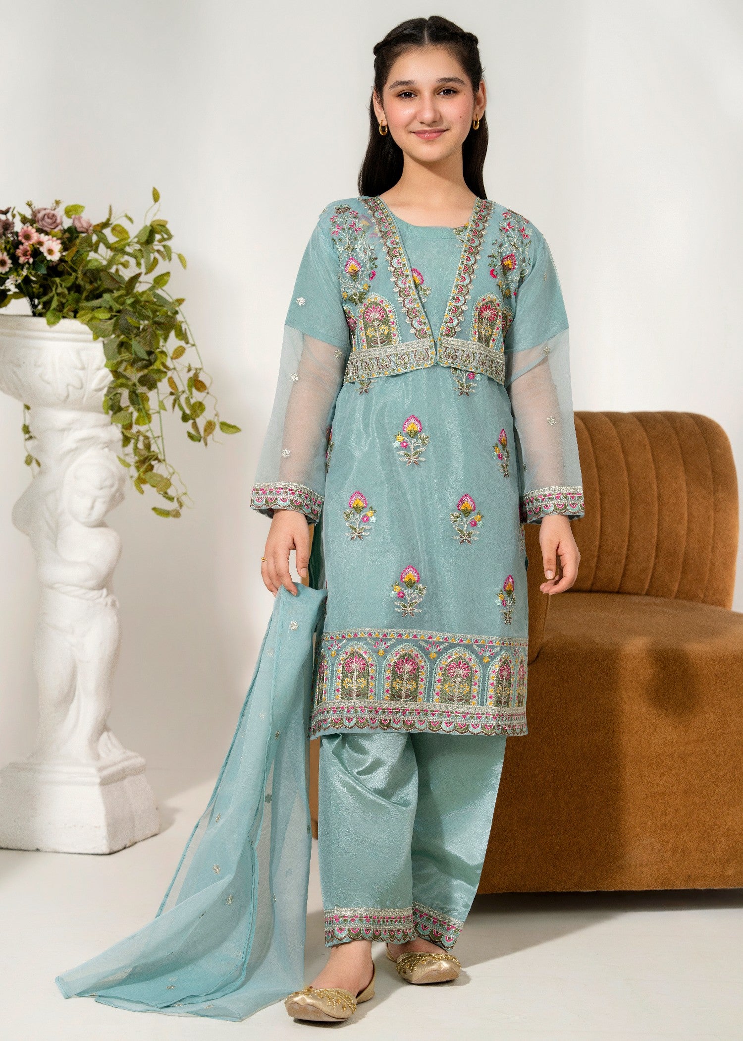 organza Kurta Set in Frost blue