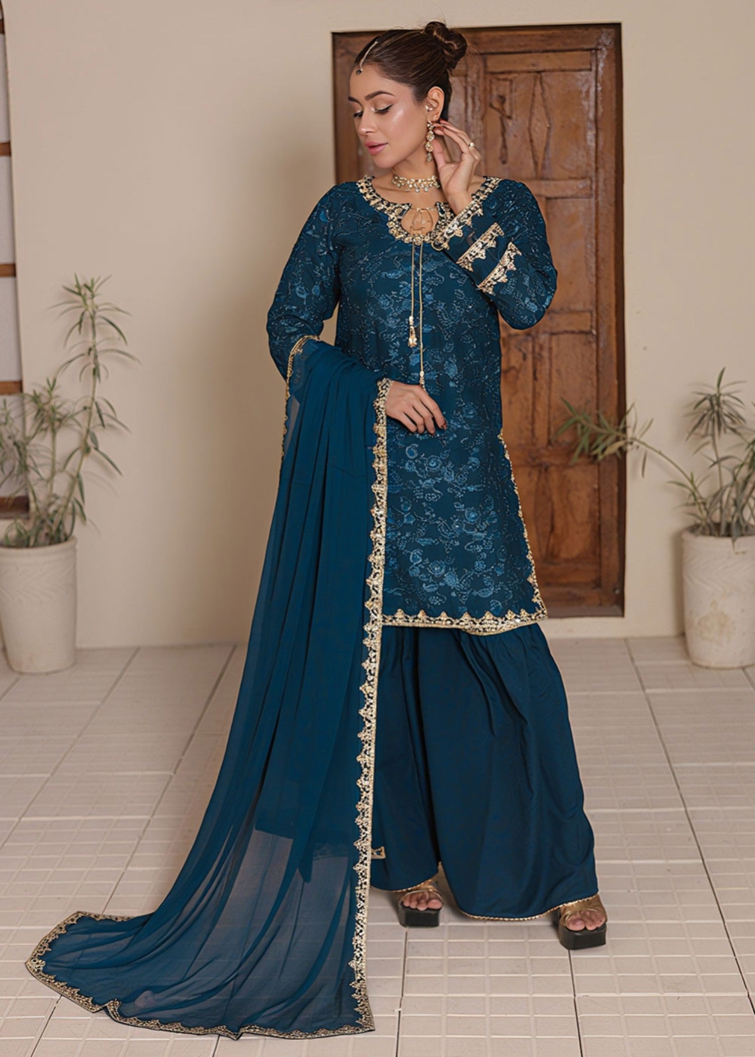 chiffon Gharara in Yale blue