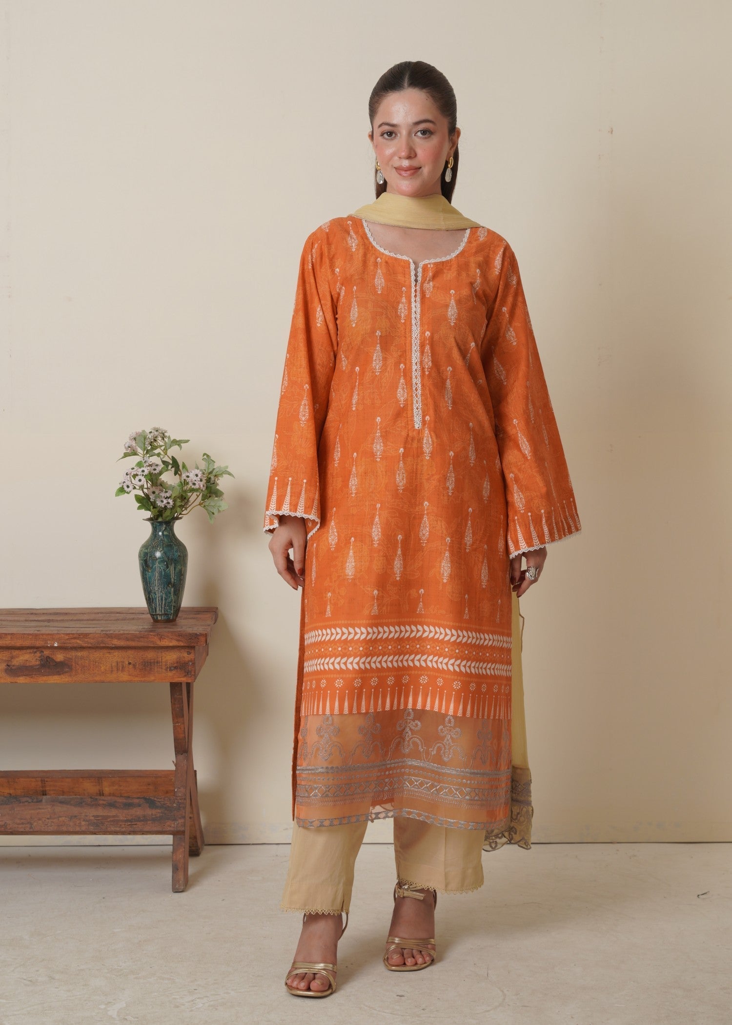cambric Kurta Set in Mandarin orange