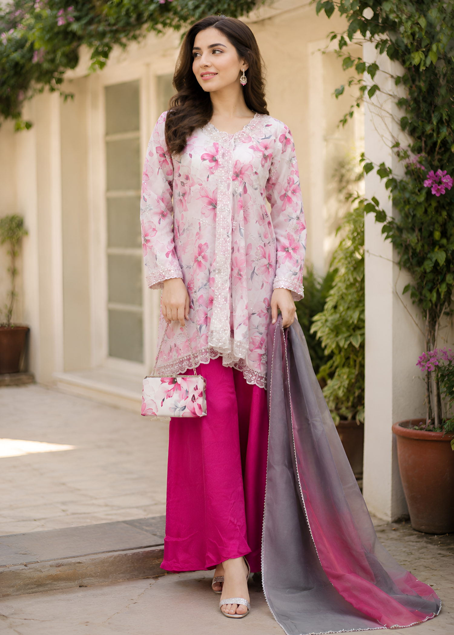 crepe Short Frock in Hot pink