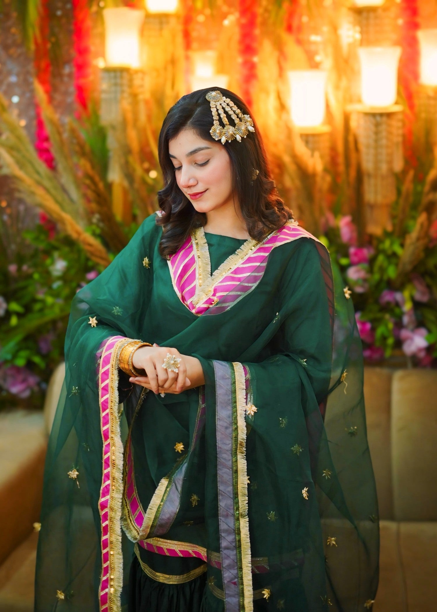 georgette silk Gharara in Bottle green