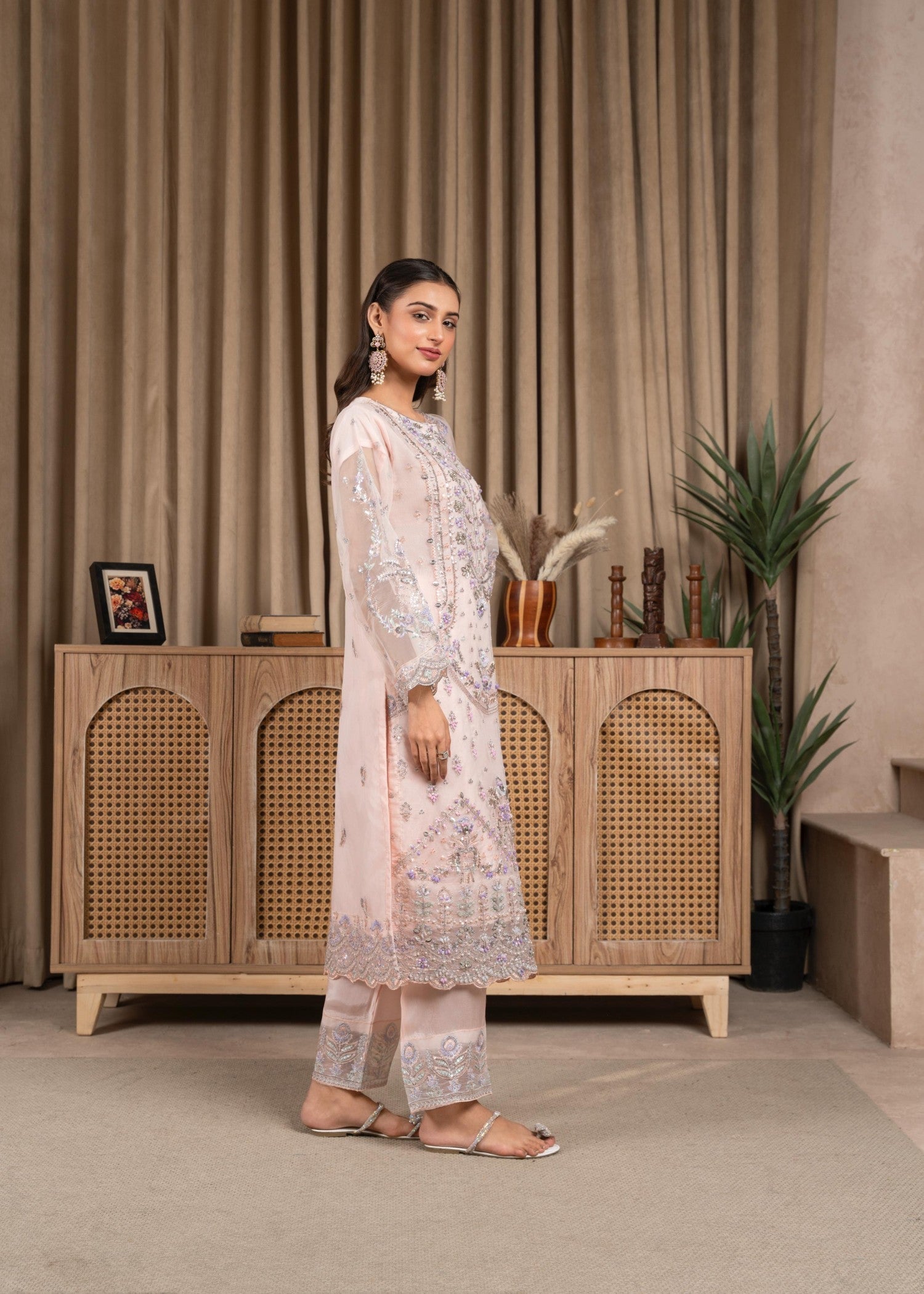 organza Kurta Set in Peach pink