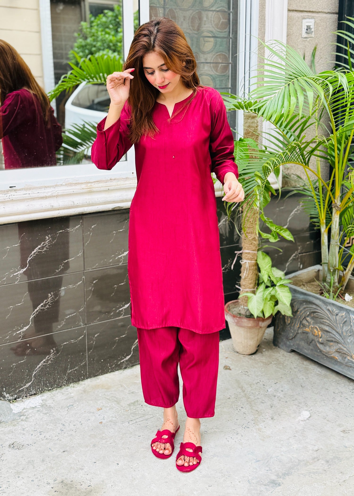 viscose raw silk Co Ord Sets in Maroon