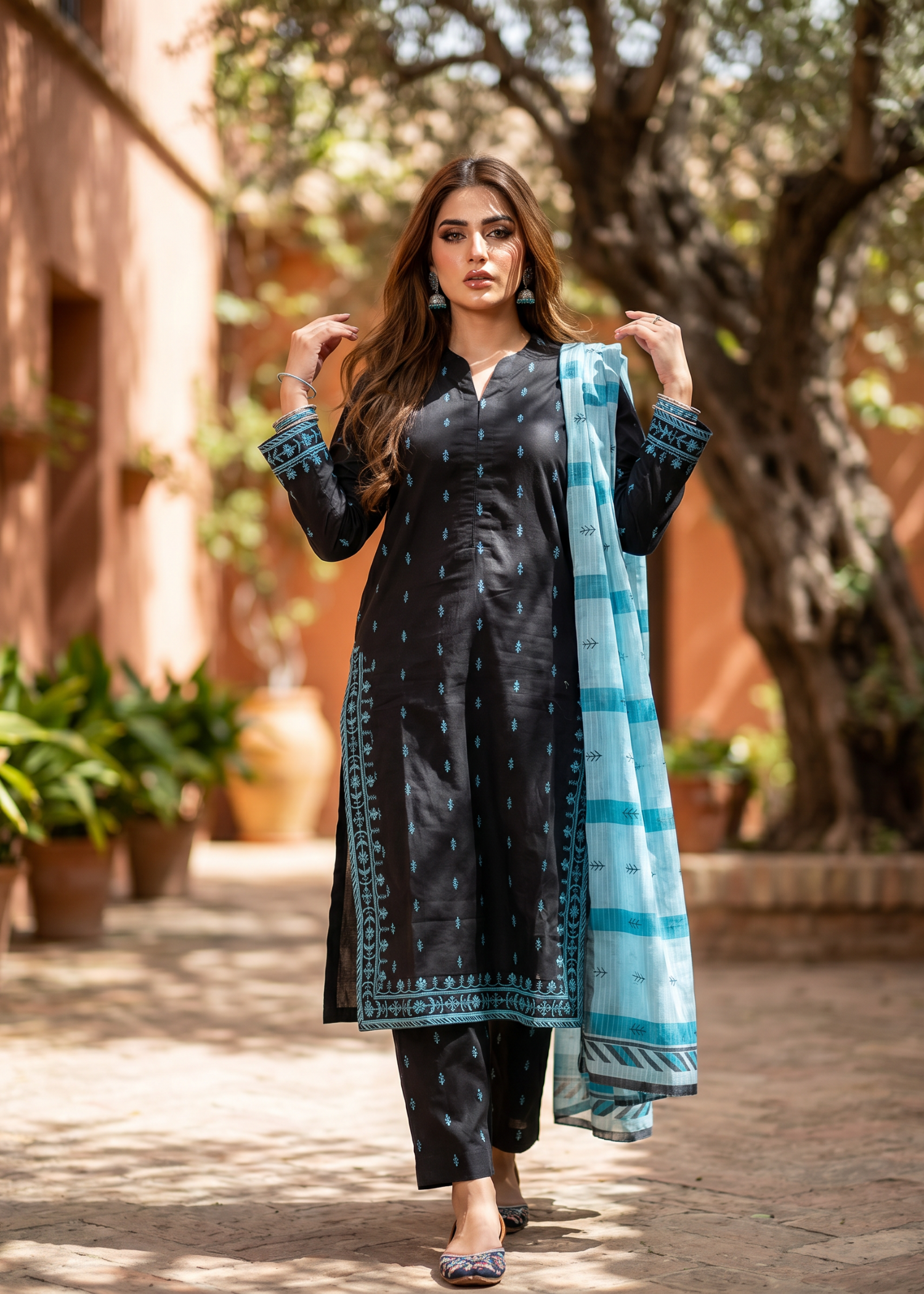 cotton Kurta Set in Black, sky blue