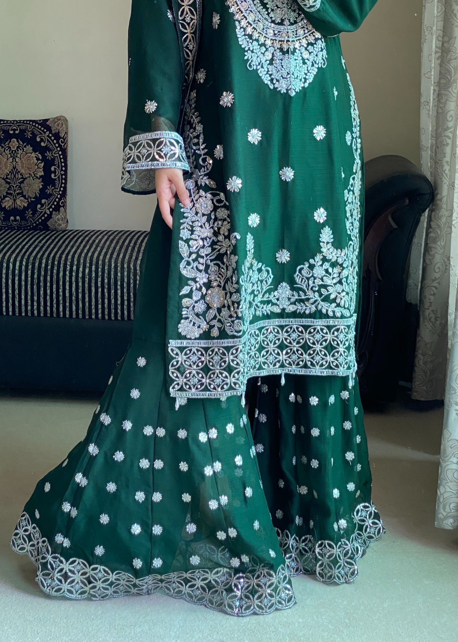 chiffon Gharara in Bottle green