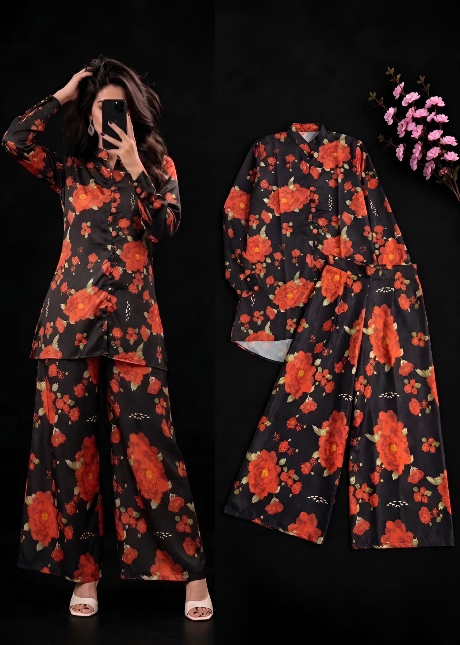 poly lawn Co Ord Sets in Red, black
