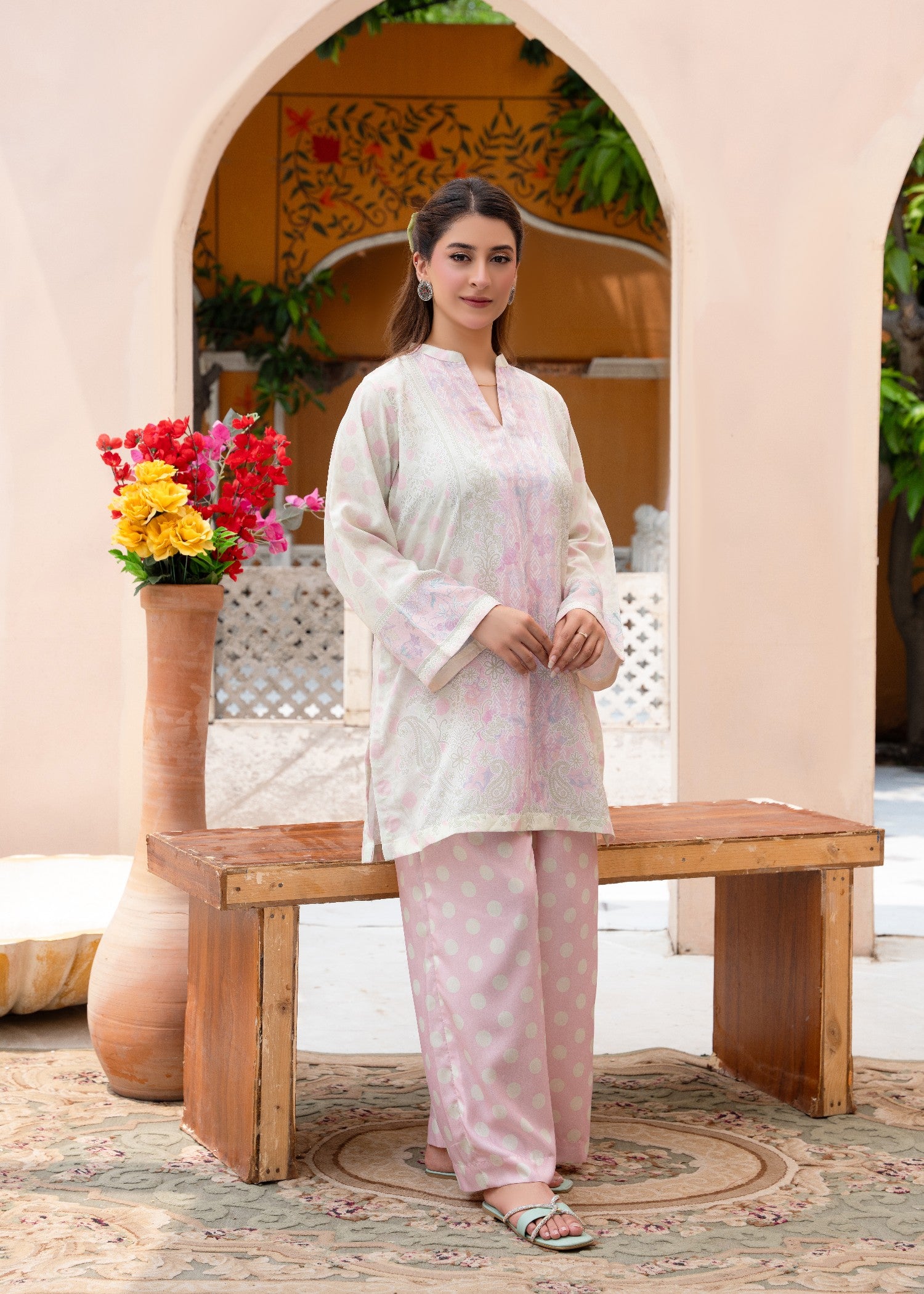 cambric Kurta Set in Cotton, rose pink